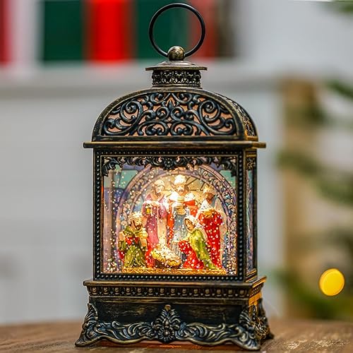 Miniatura 39 de Duendes de Navidad con luz de globo de nieve, escena de árbol de Navidad caprichosa de Santa y elfo, linterna de agua musical de nieve brillante