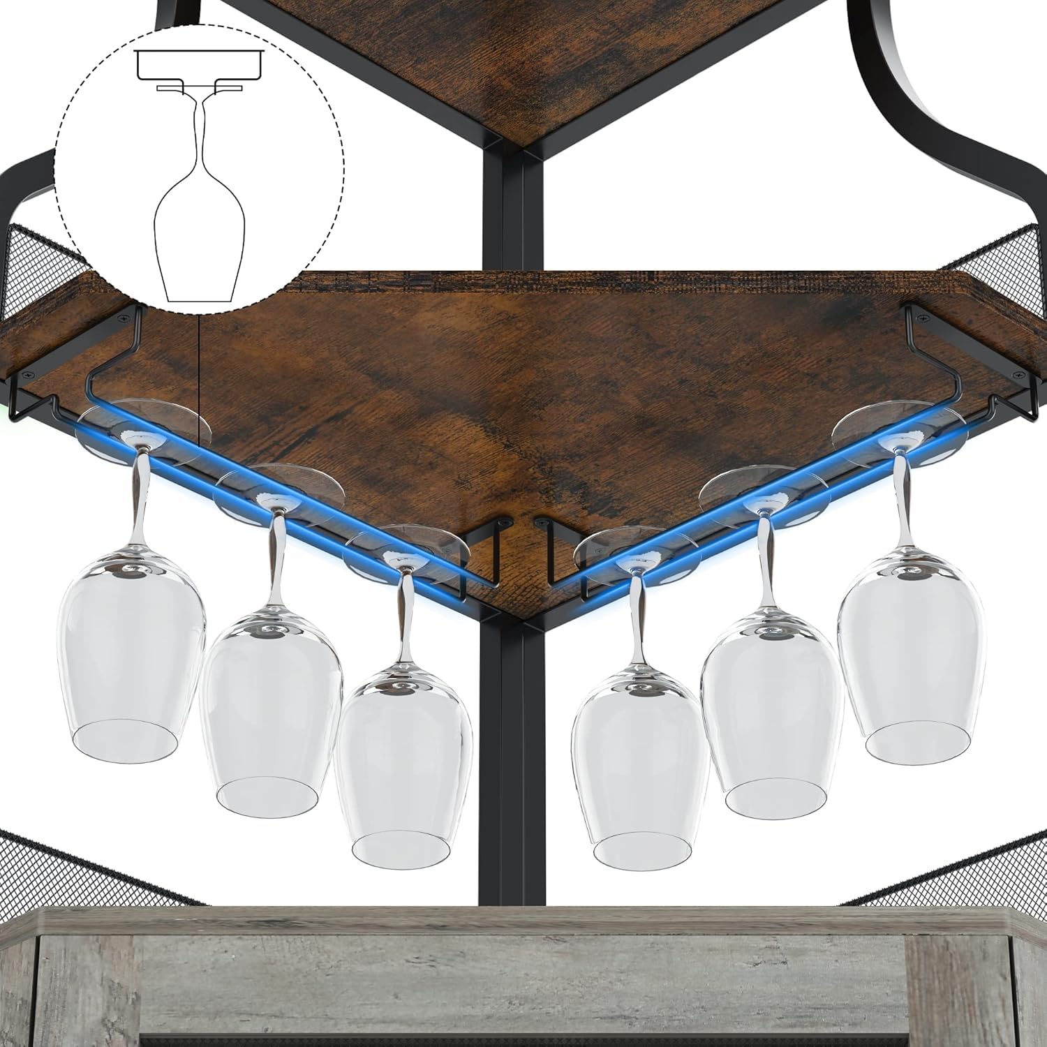 Armoire à vin d'angle avec Table de Travail, Armoire à vin en Bois avec 5 étagères et 2 Supports en Verre et Porte en Maille pour Cuisine, Salon, Salle à Manger (152 x 90 x 32 cm, Naturel)