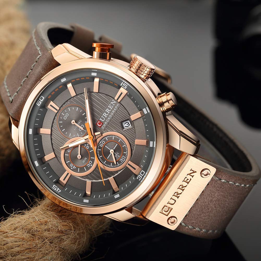 Men Chronograph Sport Watches Brown Leather Strap Quartz Watch Business Casual Wrist Watch for Men