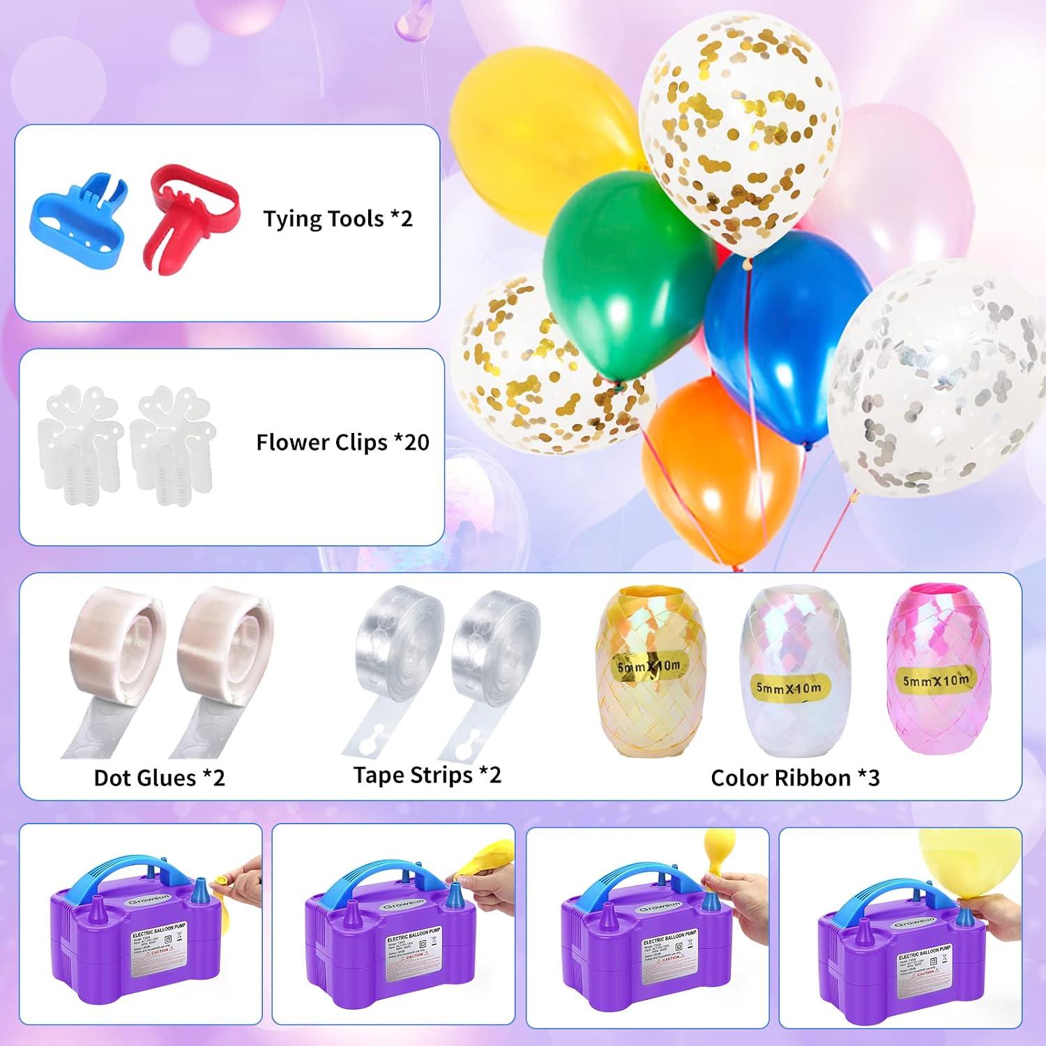 Growsun Electric Balloon Pump Garland Arch Kit with Pump 100V 600W Air Inflator w/Balloons Tape Strip for Party Decoration