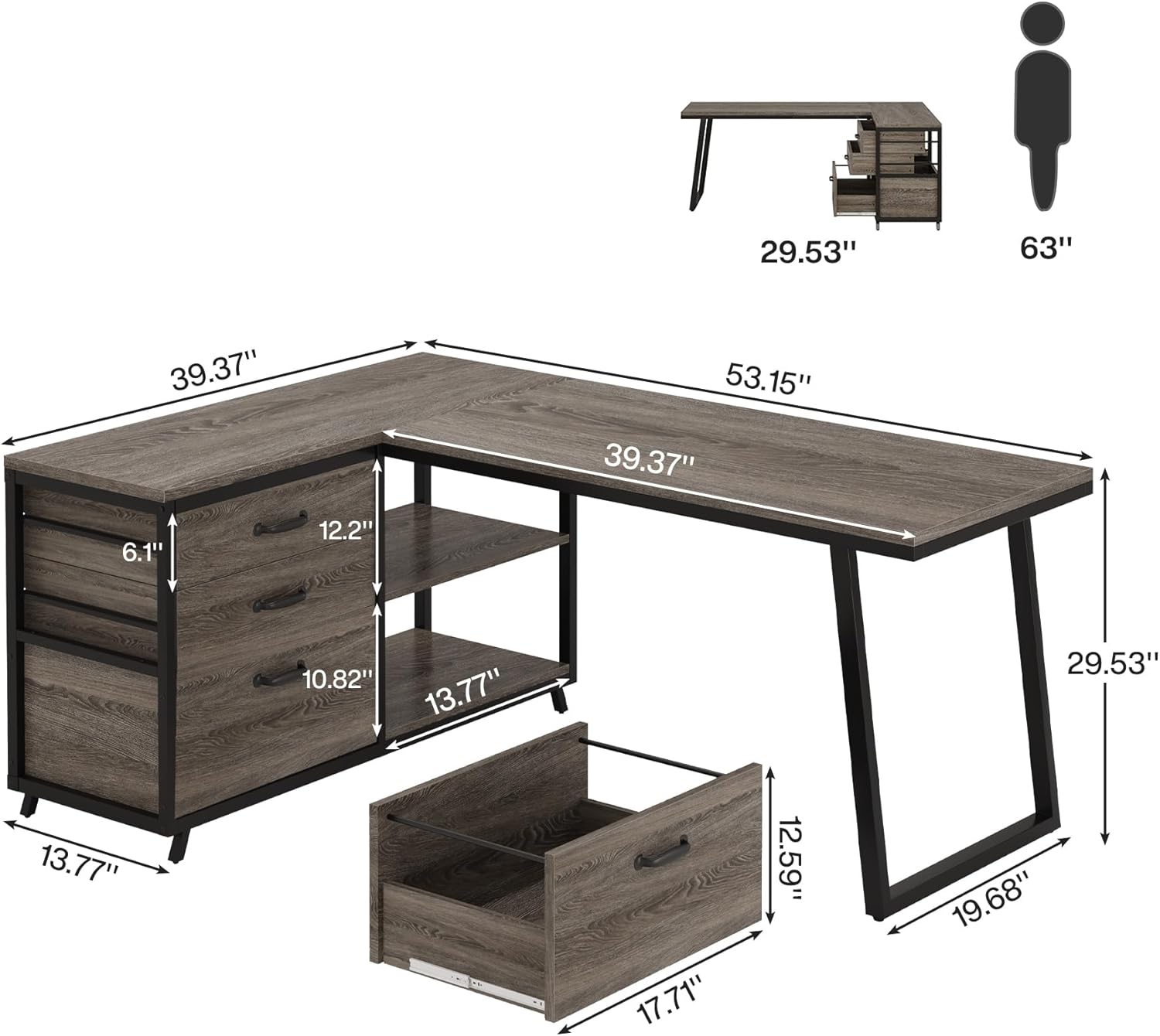 Tribesigns 53" L Shaped Office Desk, Reversible Corner Computer Desk with 3 File Drawers and 2 Storage Shelves for Home Office, Study, Gaming Room (Grey)