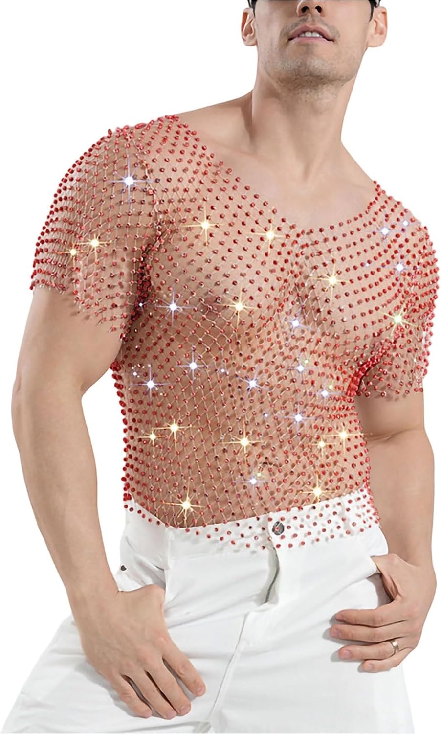 Men’s Sexy Fishnet Rhinestone Shirt Short Sleeve Sheer Glitter Mesh Festival Rave Clubwear Top for Men 2026