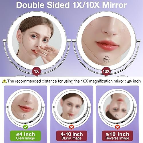 Miniatura 3 de Benbilry Espejo de tocador de maquillaje iluminado de gran tamaño de 9 pulgadas, aumento 1X/10X, espejo de baño alimentado por CA de 2 lados