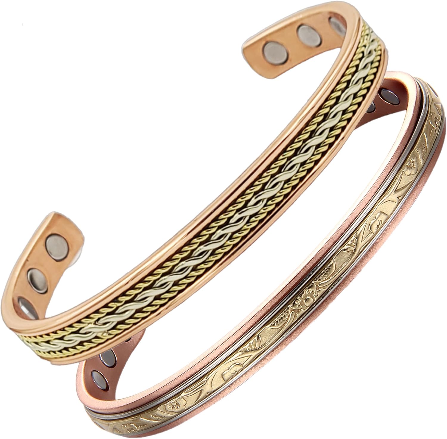 Earth Therapy Original Rope Inlay and Fleur D'OR Pure Copper Magnetic Cuff Bracelets - Ultra Strength - Adjustable - for Men & Women