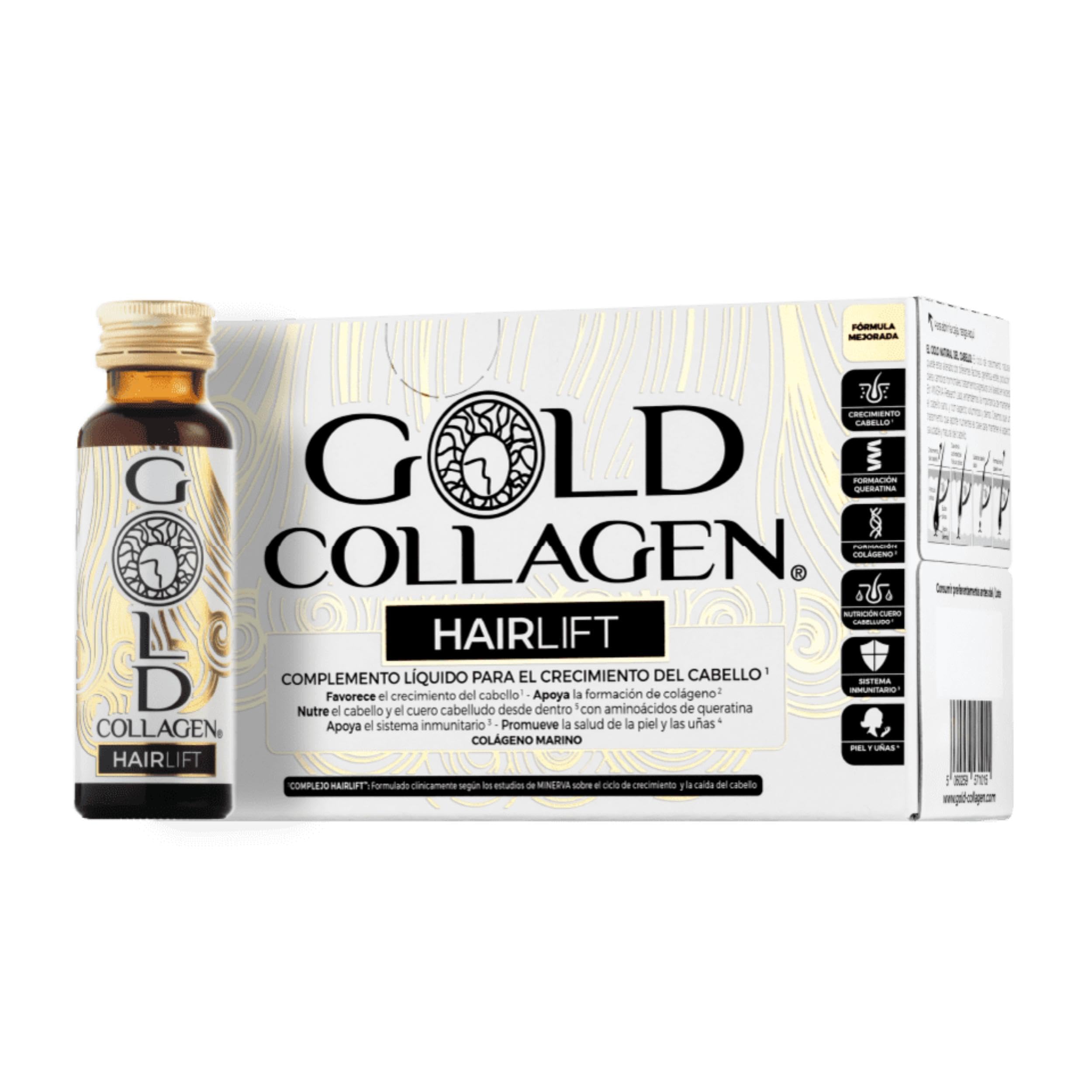 GOLD COLLAGEN Hairlift - Complemento Líquido Colágeno Marino Hidrolizado con Ácido Hialurónico, Biotina para el Cabello, Vitamina C B6, Zinc, Keratina, Fortalece Cabello Piel y Uñas 10 Botellitas 50ml