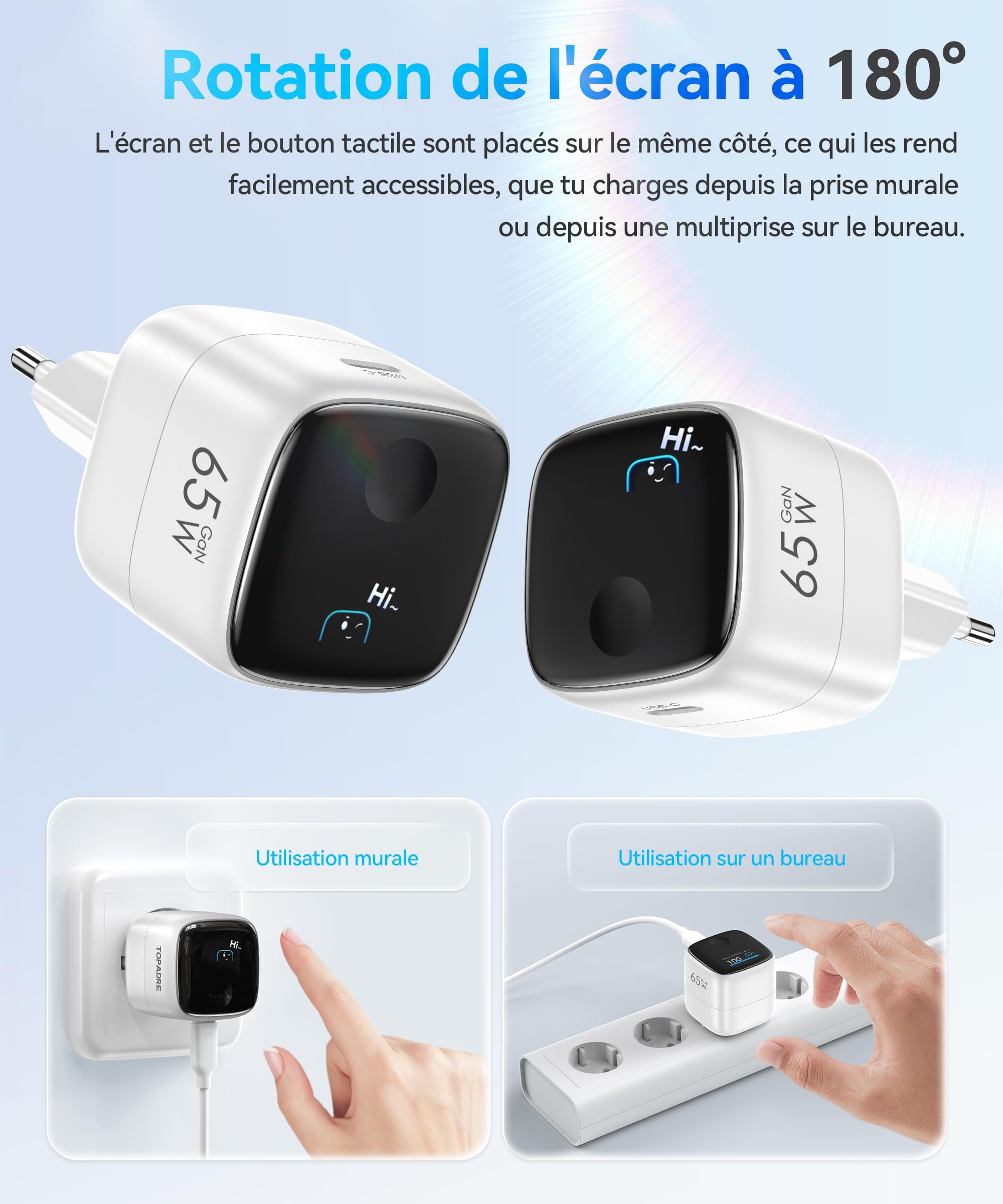 TOPADRE Chargeur USB C 65W avec écran Tactile Intelligent, Charge Rapide PD
