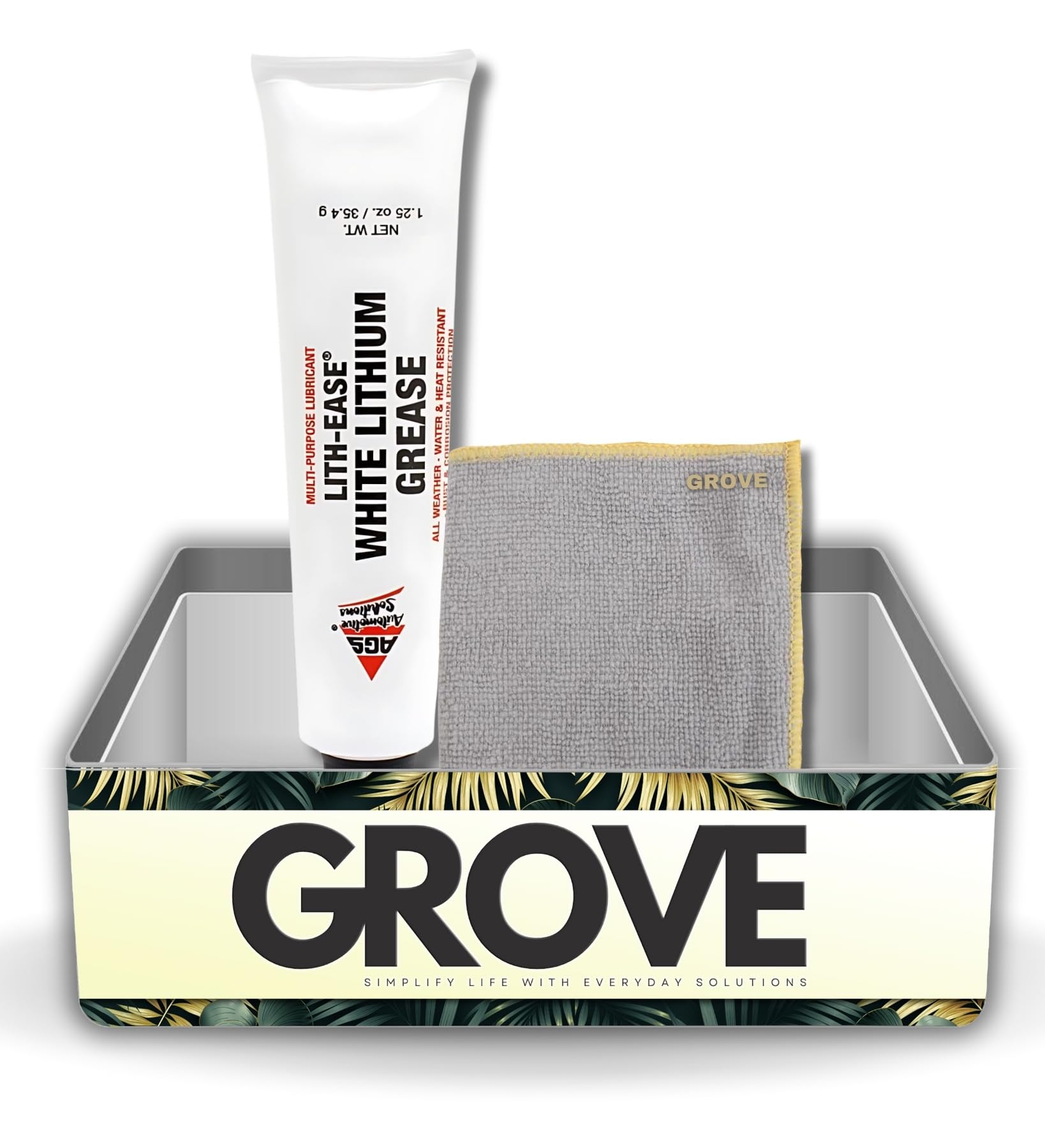 AGS Lith-Ease White Lithium Grease 1.25 oz Bundle with Microfiber Cloth - Multi-Purpose Lithium Based Grease for Automotive, Marine, and Home Use - Heat Resistant and Rust Protection - (2 Items)
