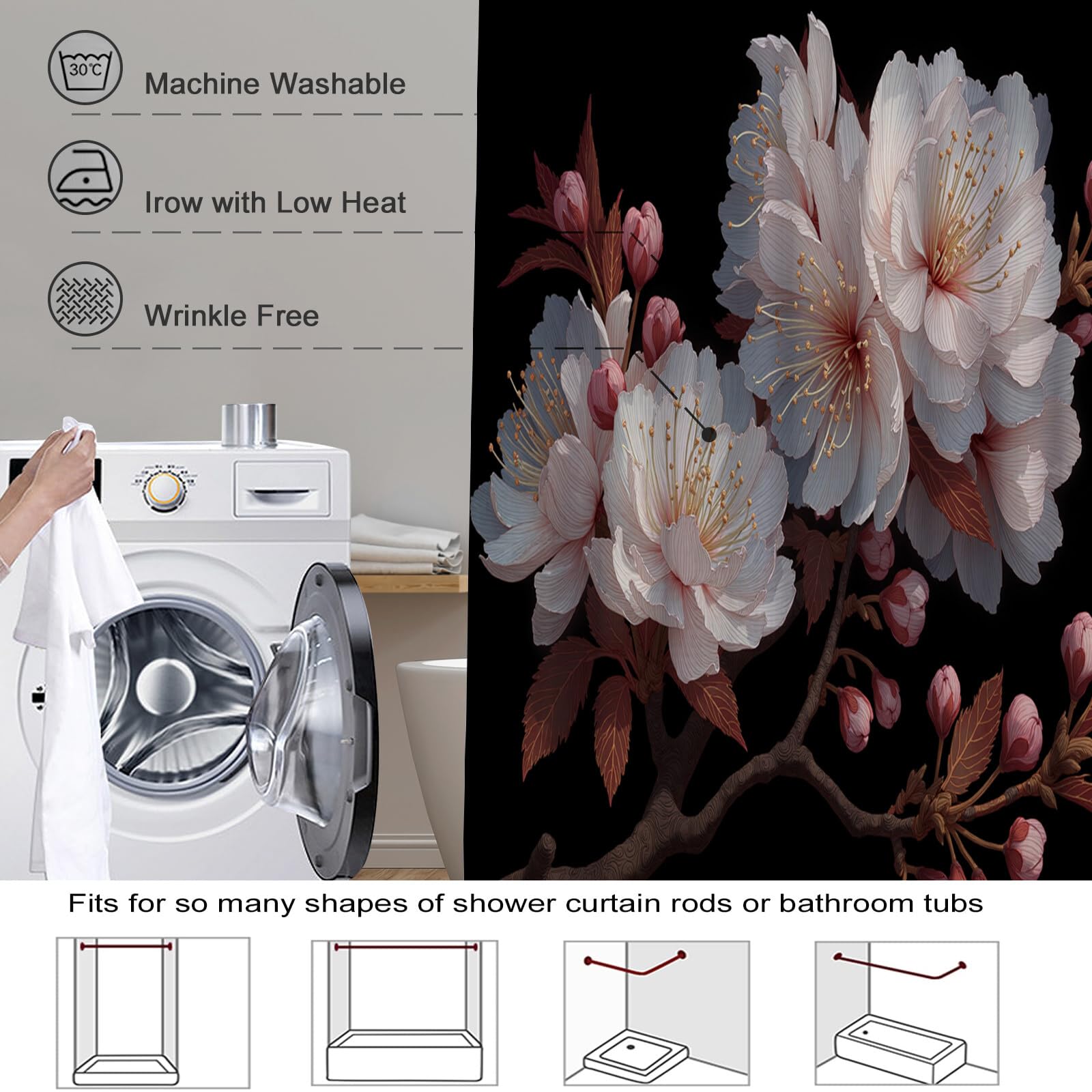 Rideau Douche,Rideau Baignoire Lavable en Machine Rideaux Douche Tissus Lavable Rideau De Baignoire Lavable pour Salle De Bain Domicile Baignoire Famille,Illustrations De Branches,