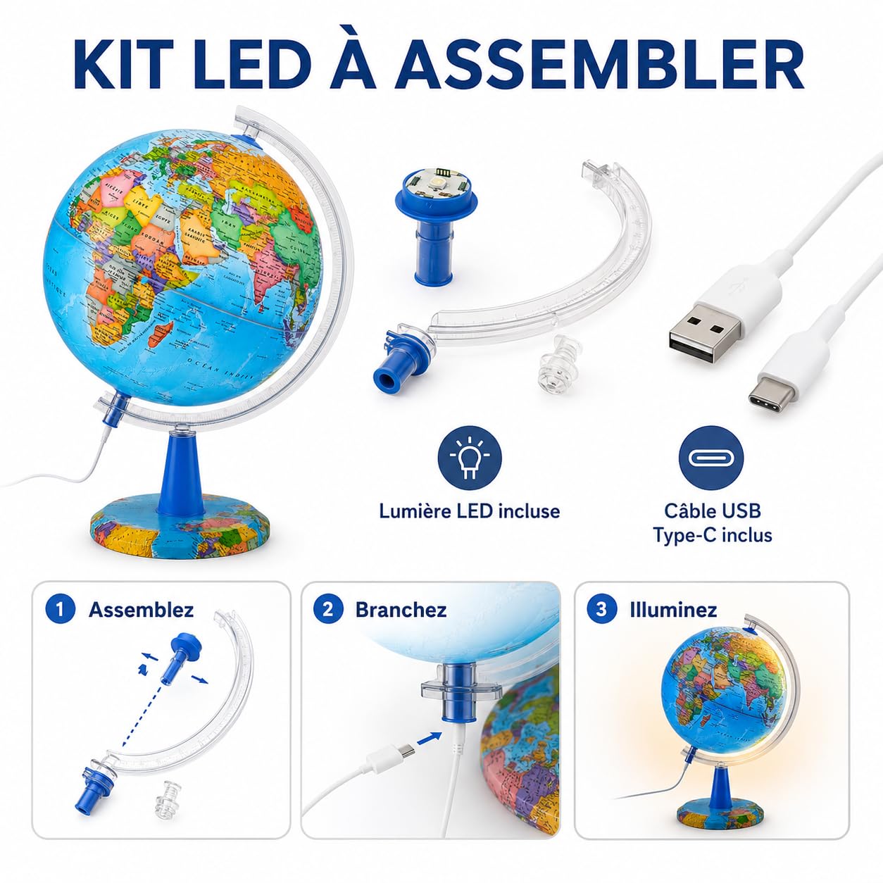 Globe Lumineux 20cm Carte Française LED avec Pins USB C | Carte politique lisible avec 20 punaises support décoratif boîte cadeau pour école bureau chambre et voyageurs