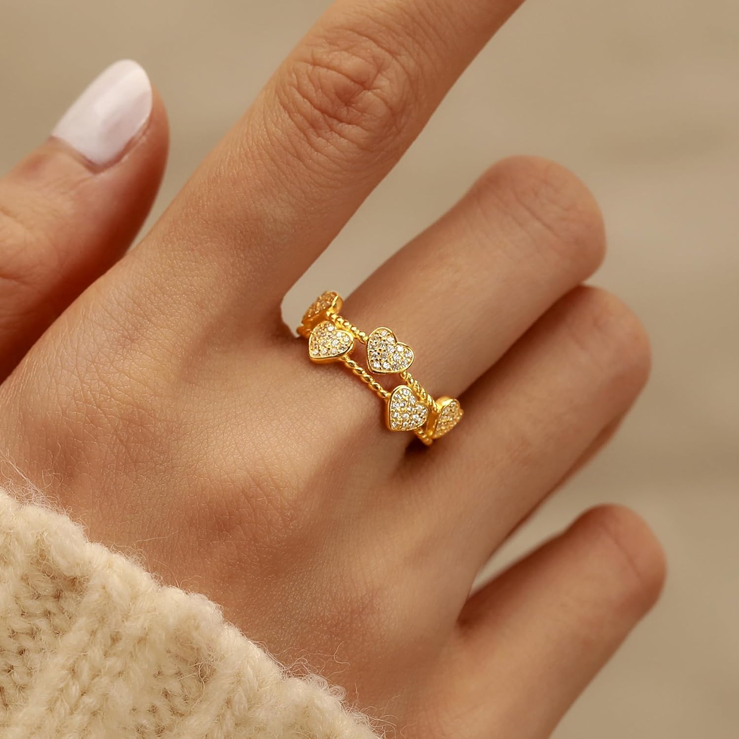 SUYACS 925 Sterling Silver Love Heart Rings for Women Dainty 14k Gold Plated Cute CZ Layered Matching Promise Ring Minimalist Engagement Statement Wedding Band Ring Jewelry Gifts for Her - Image 3