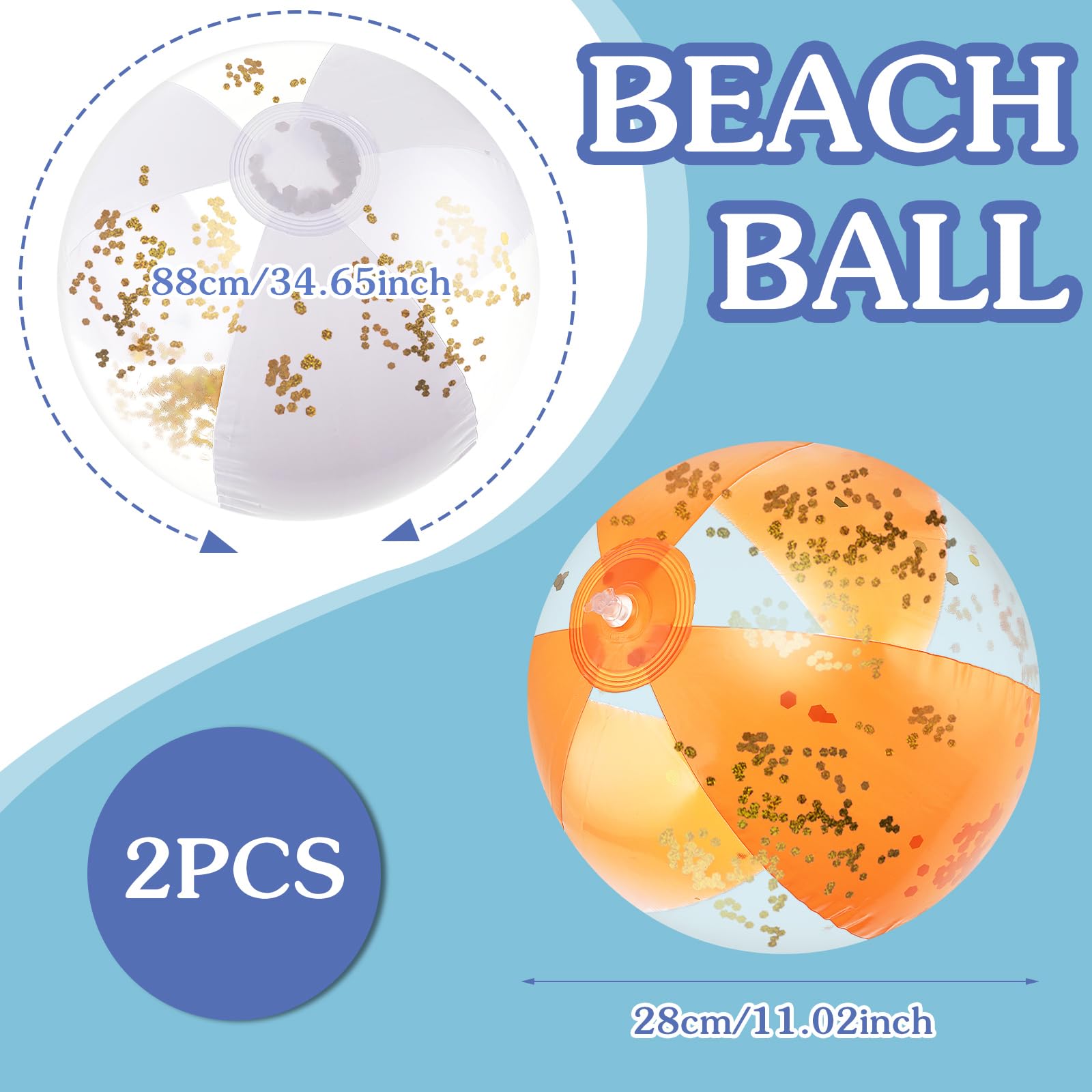 2 Pack 11 Inch Glitter Beach Balls - Abeillo Inflatable Beach Balls - Confetti Ball Water Toys Beach Toys for Beach, Pool Games and Summer Party Favors - Image 2