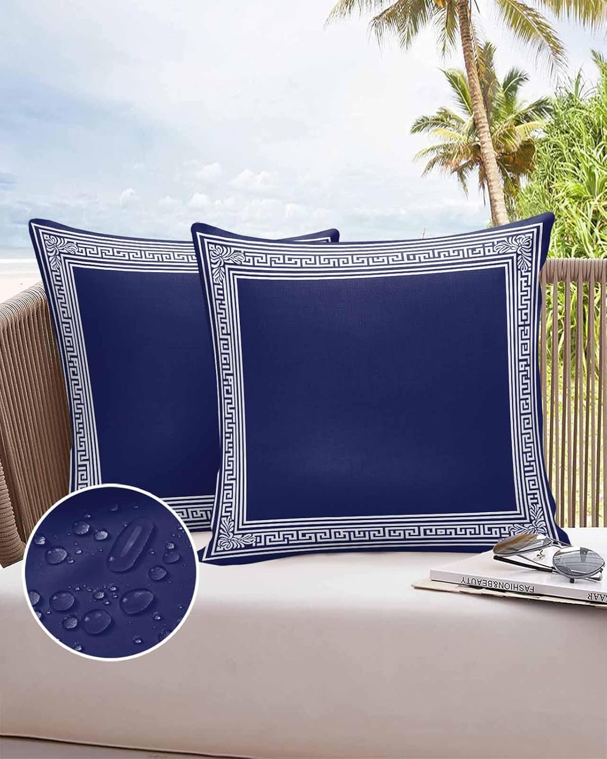 Navy Blue White Outdoor Waterproof Pillow Covers Pack of 2, Geometric Greek Key Bordered Abstract Art Decorative Throw Pillowcases Polyester Cushion Covers for Garden Patio Tent Sofa Couch, 24x24 inch