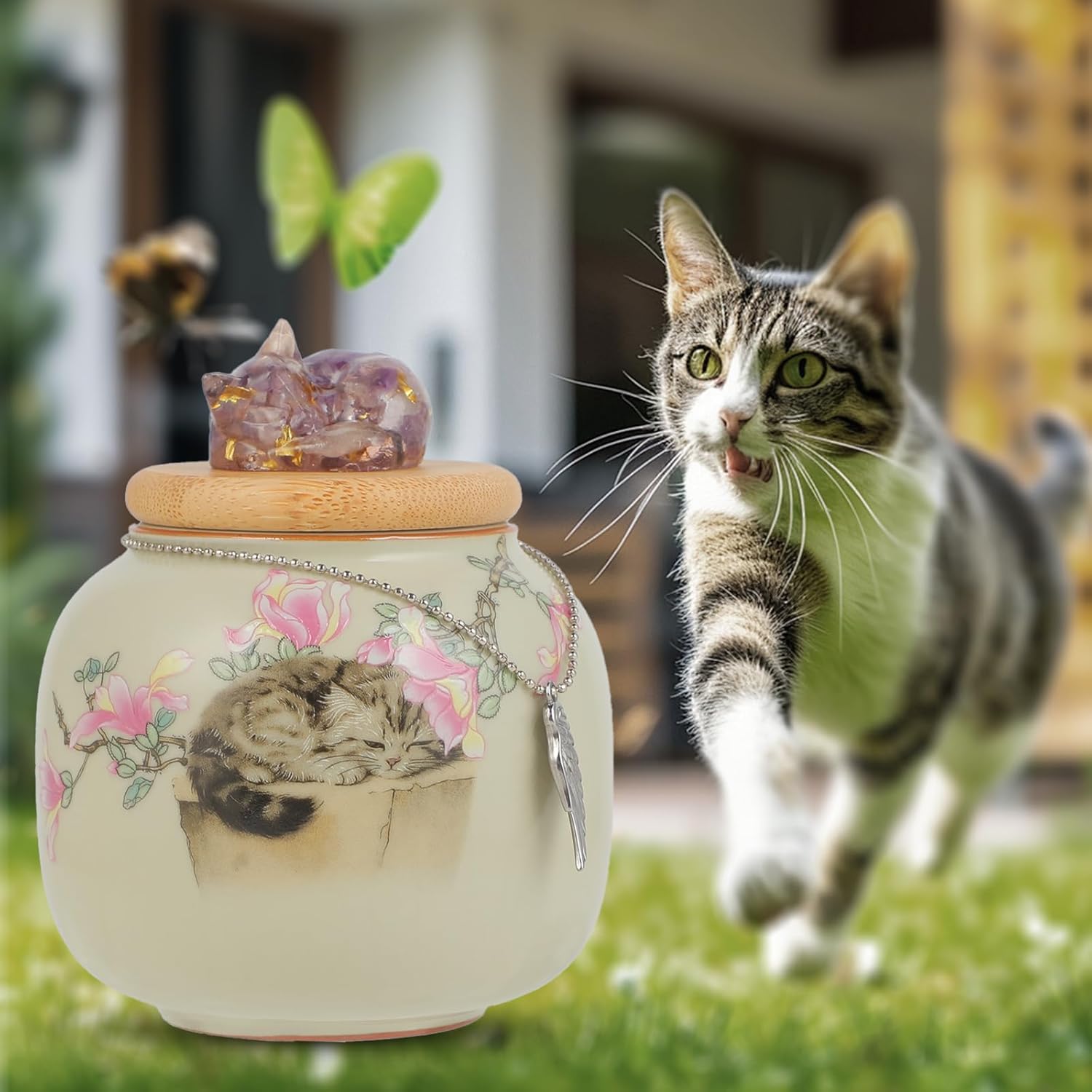 猫用骨壺 メモリアルクリスタル彫刻付き 愛する猫の遺灰を入れる 猫用セラミック骨壷 ペットメモリアル用