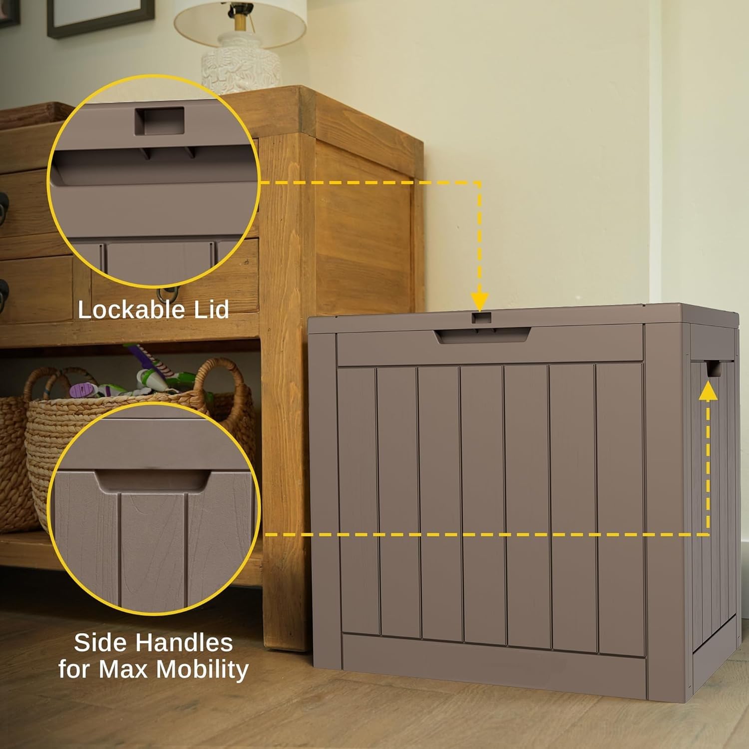 Outdoor Storage Box, 35 Gallon Deck Box, 132 Litre Waterproof Resin Storage Bin for Patio Cushions, Gardening Tools, Accessories, Lockable, UV Resistant Garden Chest Utility Handles Lid (Brown) — view 7