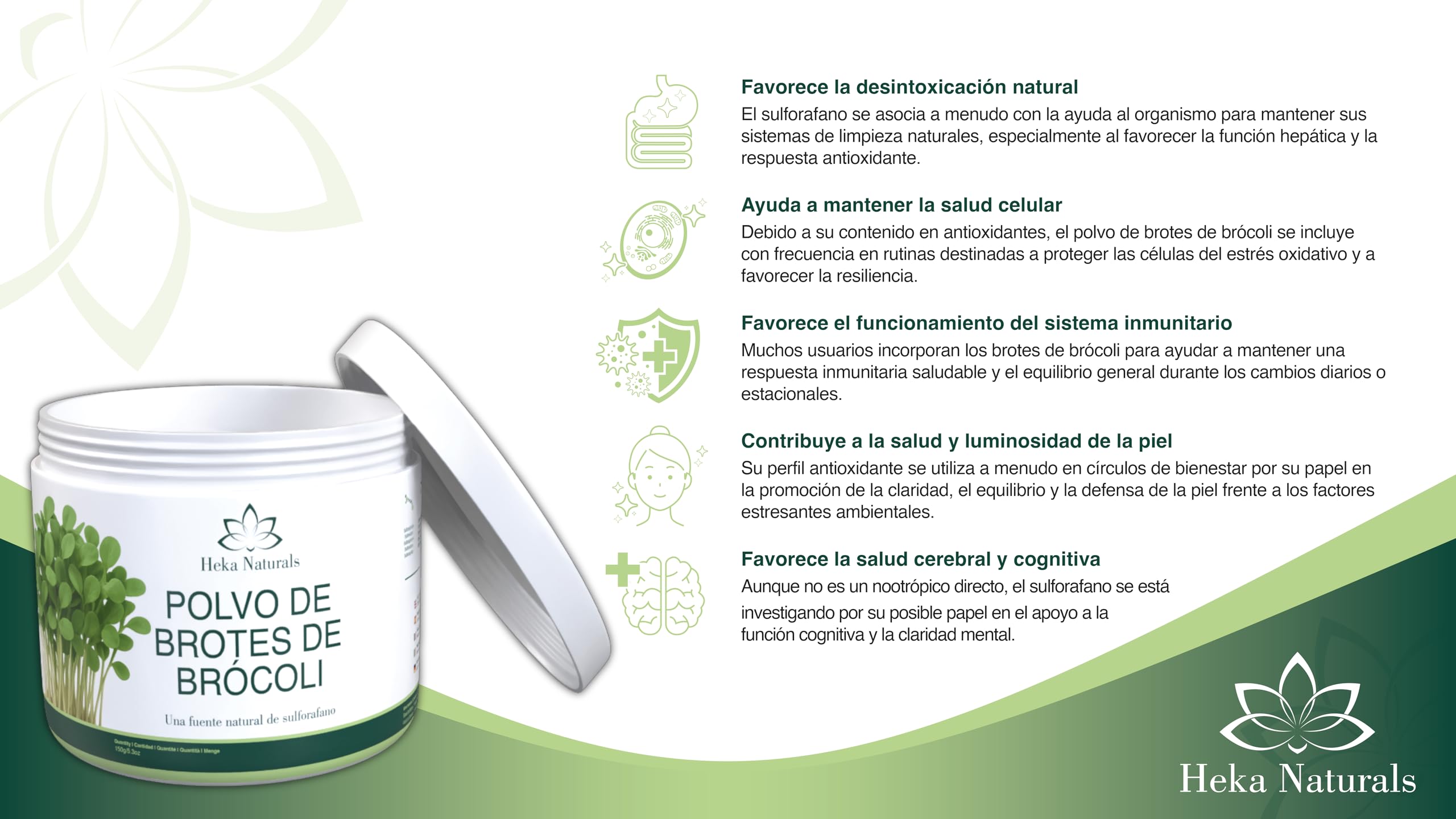 Heka Naturals Polvo de Brotes de Brócoli Orgánico - Superalimento 100% Puro de Semillas Germinadas - Rico en Sulforafano, Vegano, Sin OGM ni Aditivos - 150g