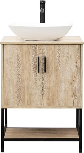 Miniatura 9 de UEV Mueble de baño de roble rústico de 24 pulgadas con fregadero, marco de hierro industrial con puertas y estante, con moderno combo de fregadero