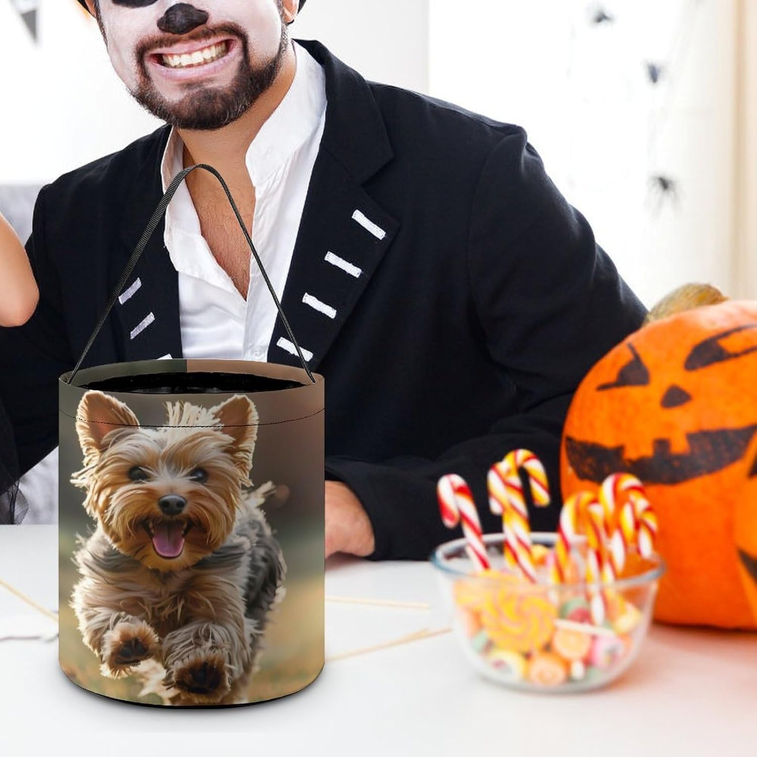 Cute Yorkshire Terrier Dog Halloween Treat Bag Reusable Candy Basket Tote Goody Bags Gift Party