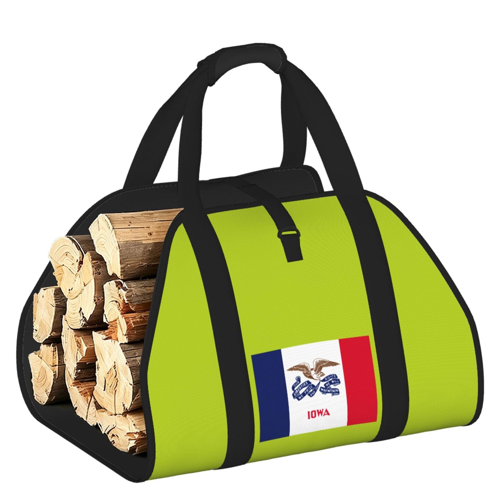 Ayyqwe Black Iowa State Flag Print Firewood Bag Wood Waterproof Versatile Camping Picnic Storage Daily Home