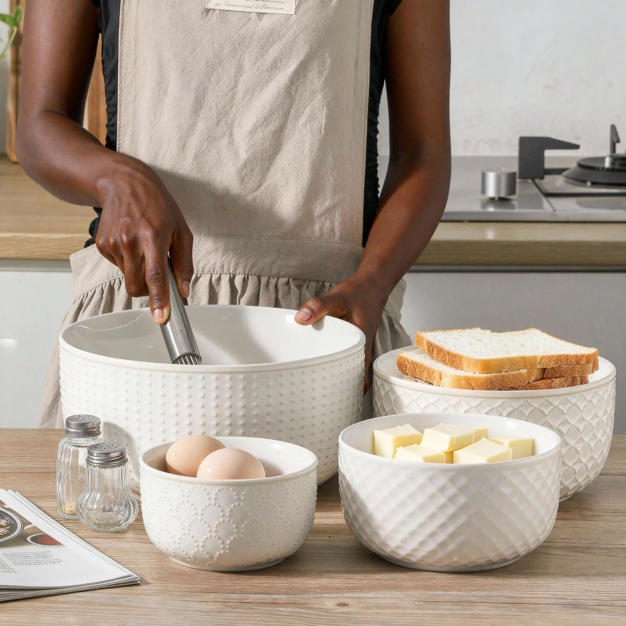 Ceramic Mixing Bowls, 27/53/84/162 oz, set of 4, Embossed large Mixing Bowl set, Serving bowls, Kitchen Dishware, Prep, Gift, Microwave and Dishwasher Safe, Modern Farmhouse Decor - Image 5