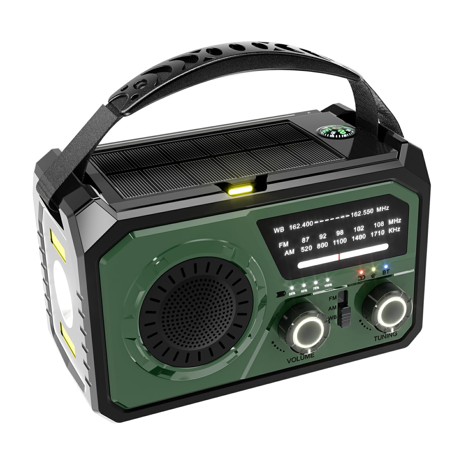 Radio FM con manivela de Mano, Clima de Emergencia, inalámbrico, ABS, Linterna LED, Potencia, BT, Linterna LED, manivela de Mano, Radio Am, Verde