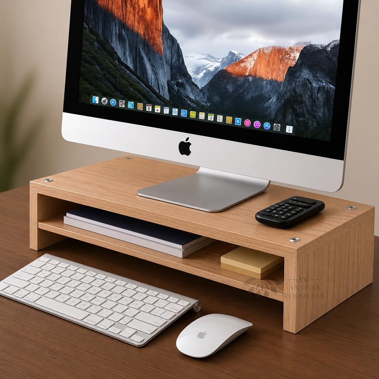 Wooden Monitor Stand with Storage Organizer For Desk, Tables, Office, Home, Studio, Study Table | Desktop Ergonomic Monitor Stand Riser (Bavarian Oak, Large)-image-43