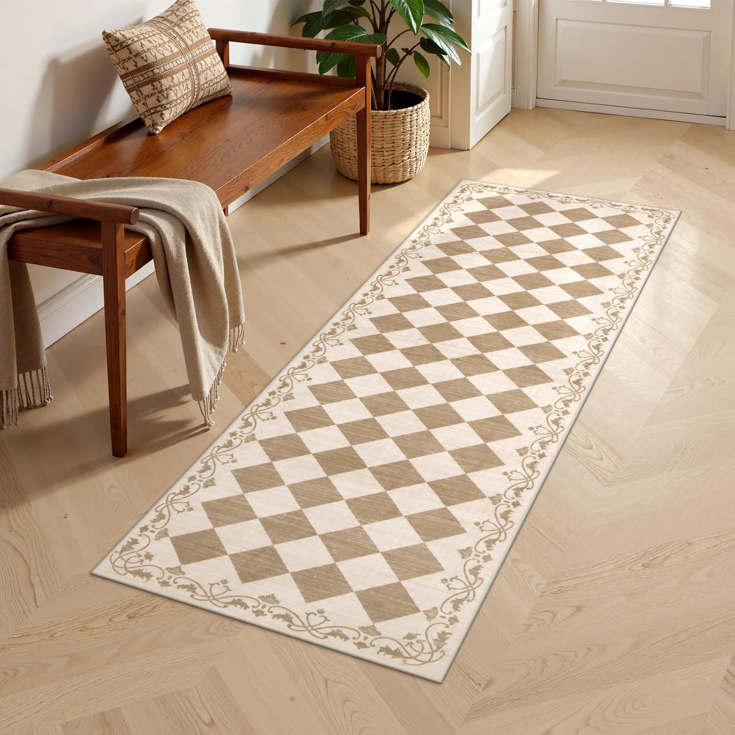 Beeiva Checkered Hallway Rug 2x6 Washable Runners for Kitchen Floor Non Slip Ultra Thin, Gingham Neutral Soft Bathroom Rug 2x6 Beige Diamond Carpet for Laundry Bedroom Entryway Home Deocr - Image 7