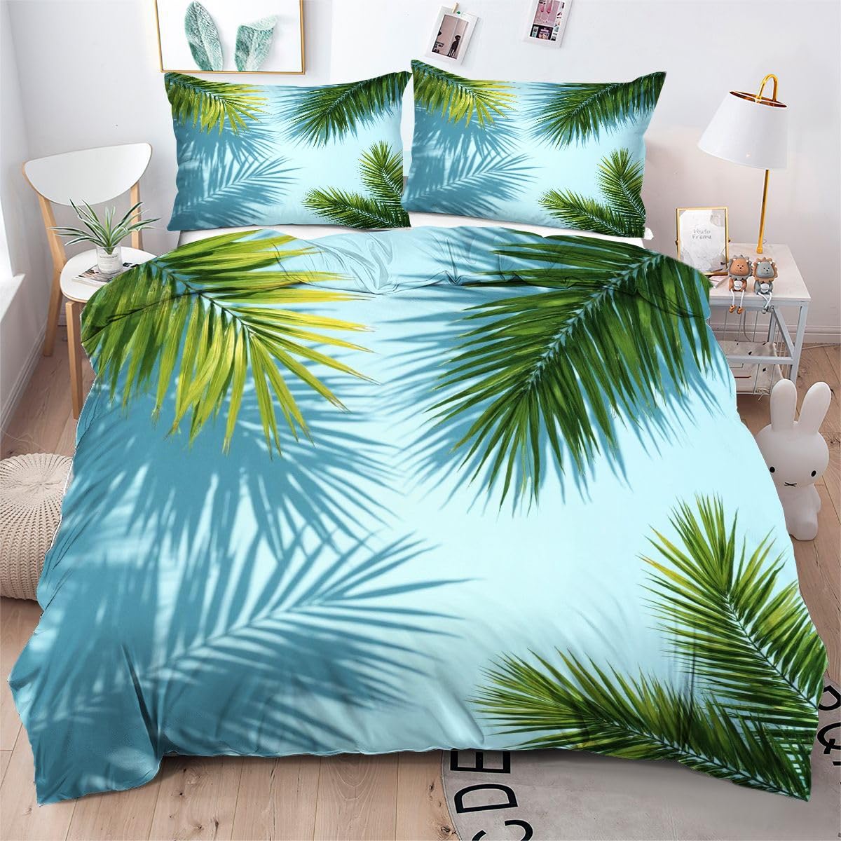 Housse de couette 200x200 feuilles vertes en microfibre pour lit 2 personnes