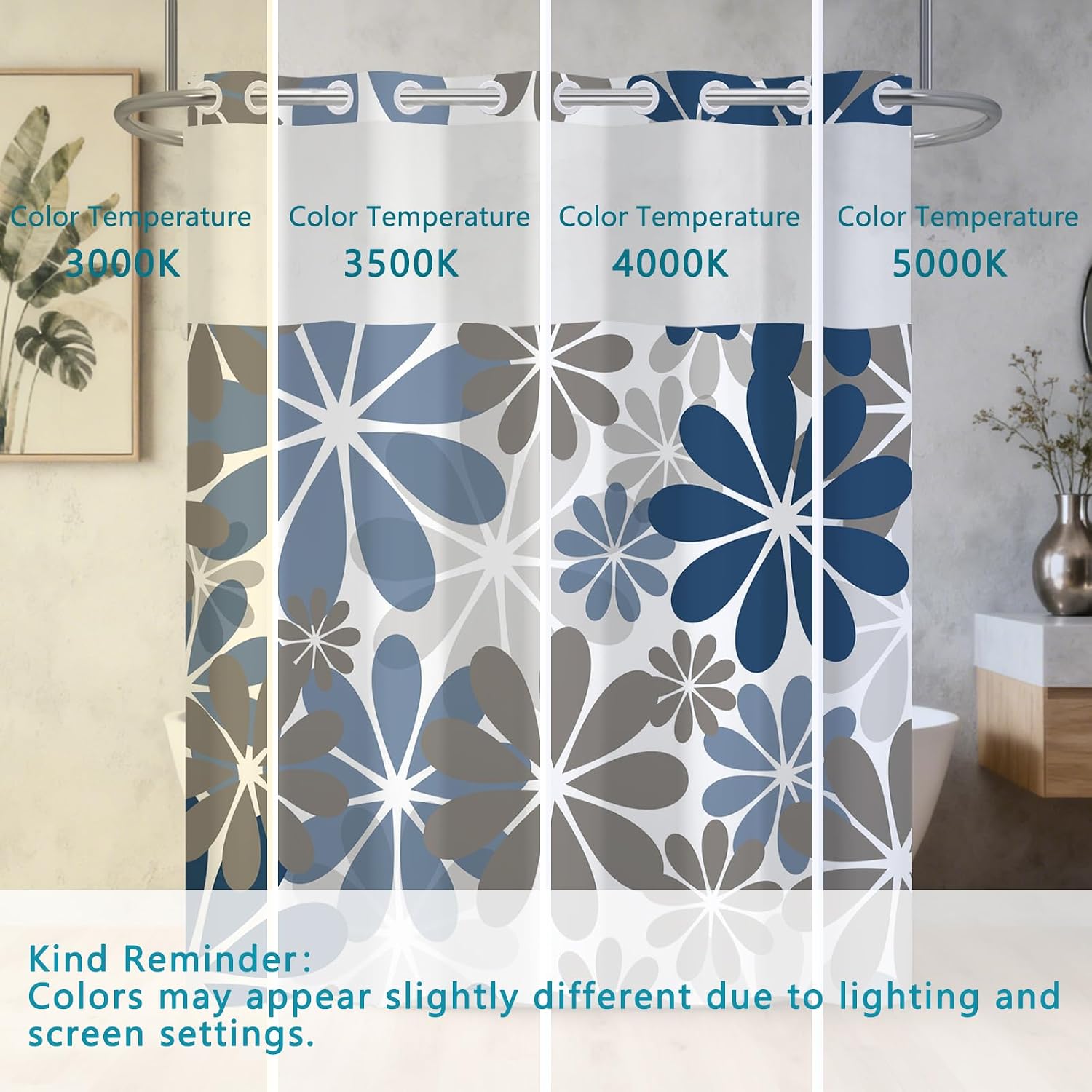 No Hook Shower Curtain and Liner Set, Fabric Shower Curtain Liner with Weighted Bottom, Boho Gray Blue Floral Shower Curtains for Bathroom, Waterproof Bath Curtain with Top Mesh Window, 71x74 Inches