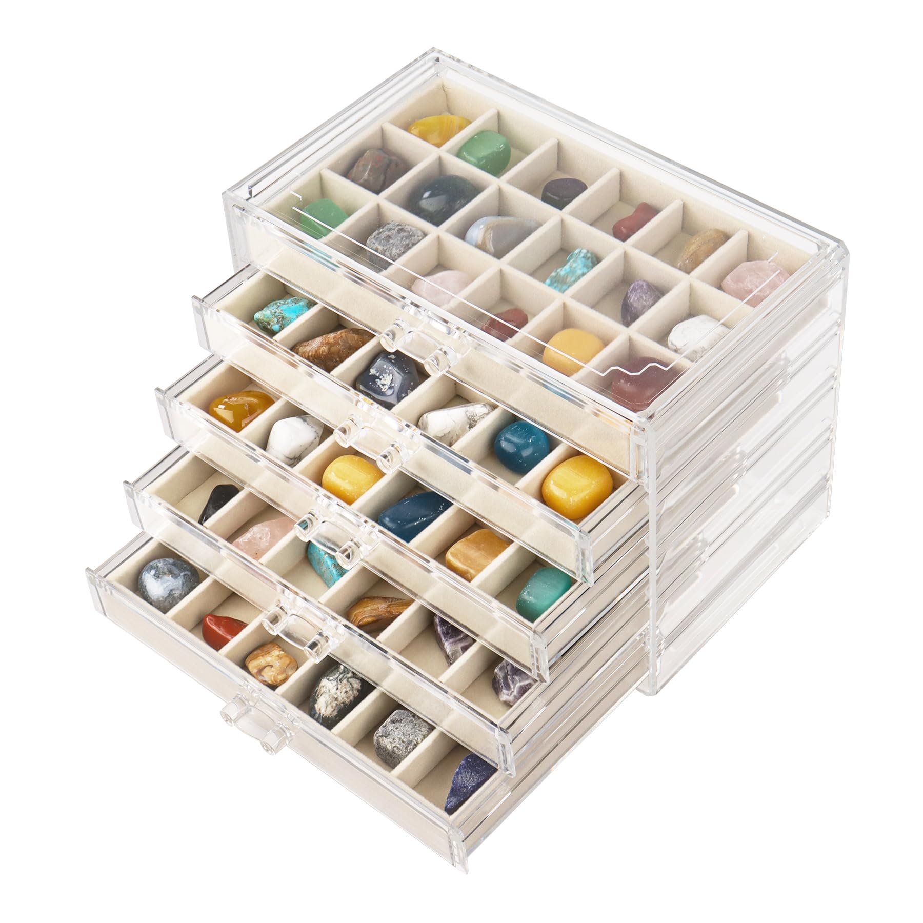 Dmnnlp Rock Display Case, 5 Drawers 90 Grids Acrylic Rock Collection Box, Storage Cases for Small Rocks Gemstone Fossil Crystal Stone Jewellery Collectibles (Beige)