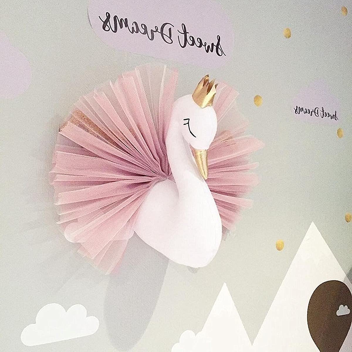 3D Crown Swan Head Wall Art Hanging for Nursery Kids Room Decoration Girls Gift Room Bedroom Playroom Stuffed Toys Photography Props (Pink Swan, 40* 30*25cm)