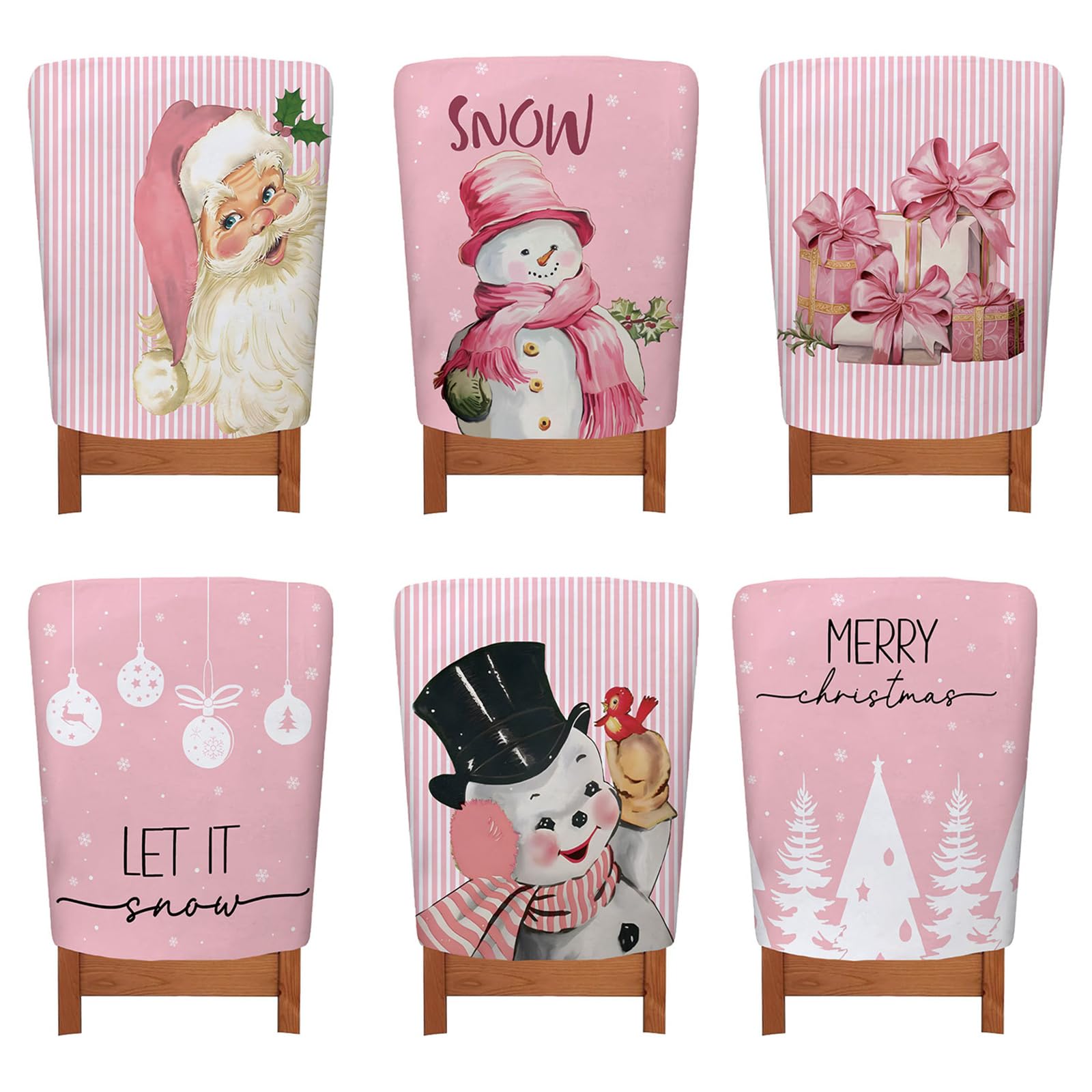 Treer Fundas para Sillas de Navidad 6 Piezas, Fundas de Sillas de Comedor para Navidad Decoración Protector de Respaldo Extraíble para Fiesta de Vacaciones (6 Piezas,Rosa)