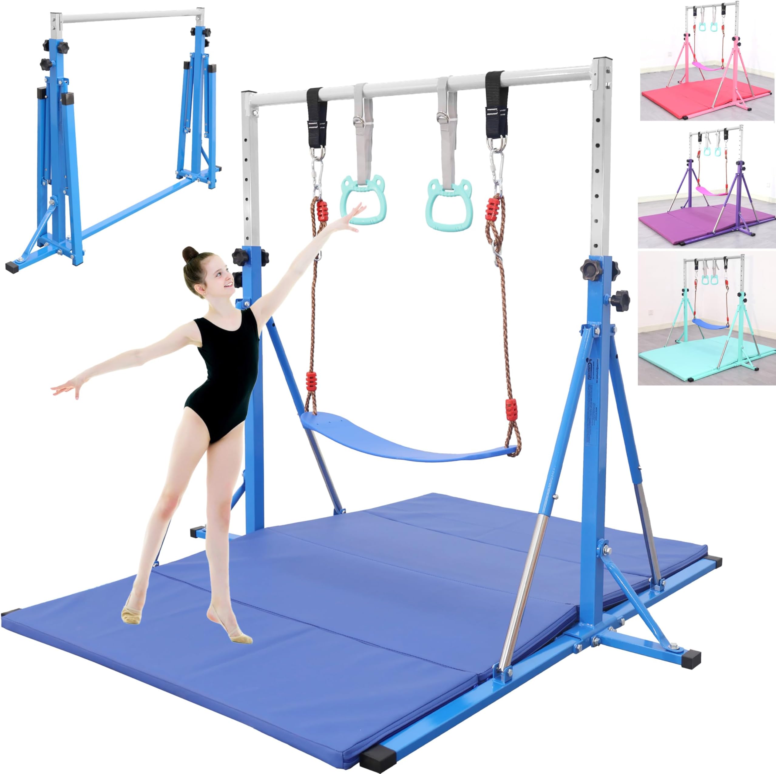 FC FUNCHEER FCfuncheer Foldable Gymnastics kip Bar,Adjustable from 3' to 5',3-12 Ages, Kids Girls Home Training bar with Rings & Swing,Stable Structure,Foldable in Seconds,Weight Capacity 250 LBS