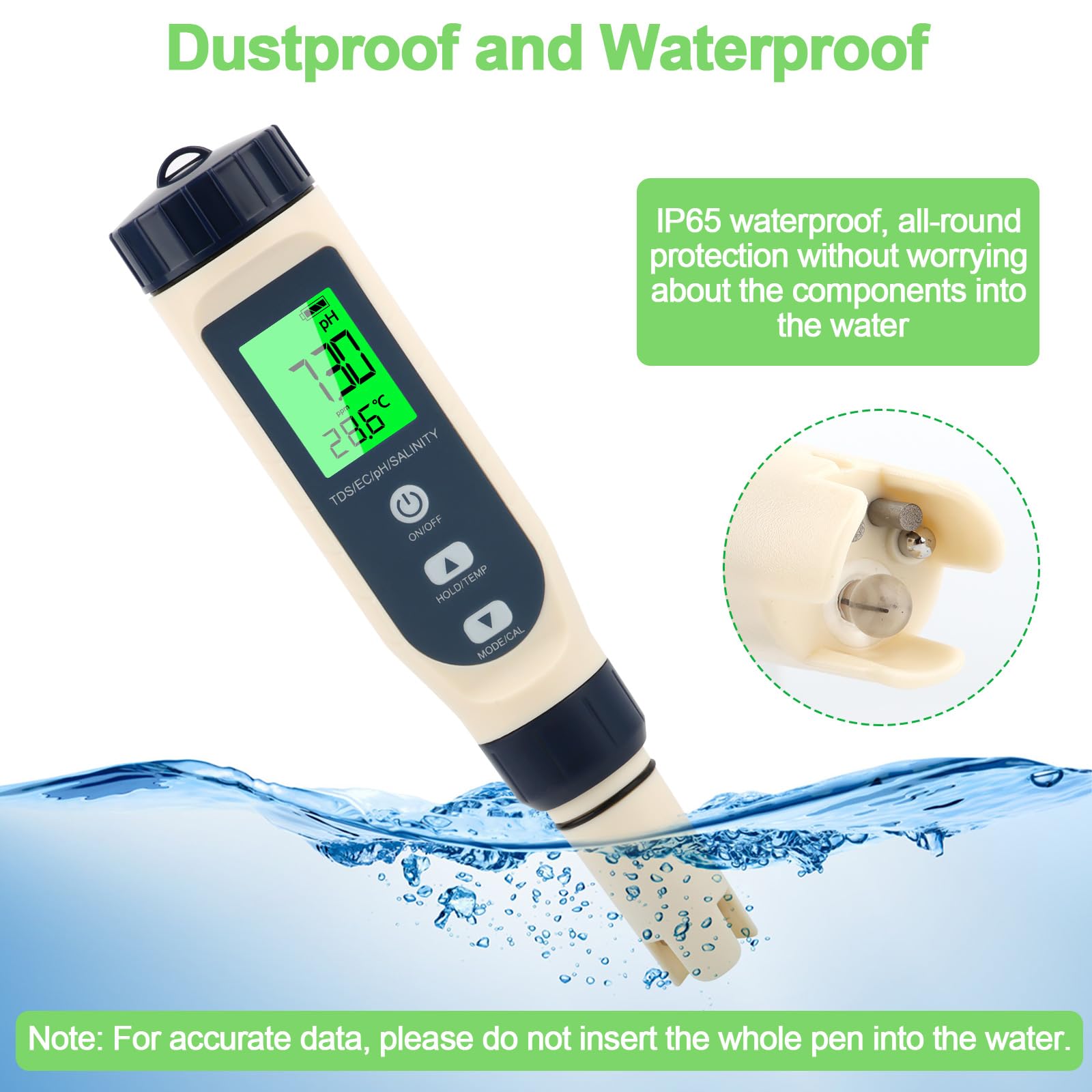Misuratore PH 5 in 1 ad alta precisione – PH/EC/TDS/salinità/termometro con compensazione automatica della temperatura, display LCD – ideale per acqua potabile, piscina, acquario, idroponica