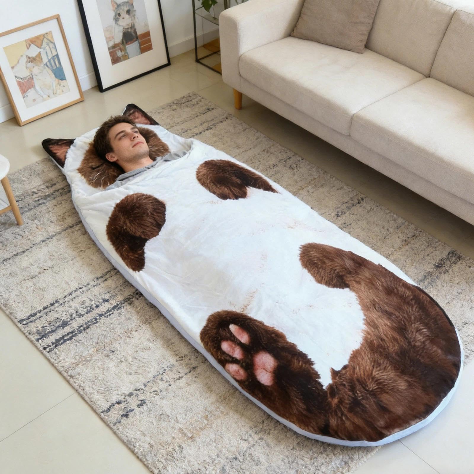 Sac de Couchage Doux pour Adulte, enveloppe de Chat en Peluche,Sac de Couchage pour,enveloppe Sac Couchage Adulte Hiver en Forme de Chat,Cat Shaped Plush Sleeping Bag for Adults