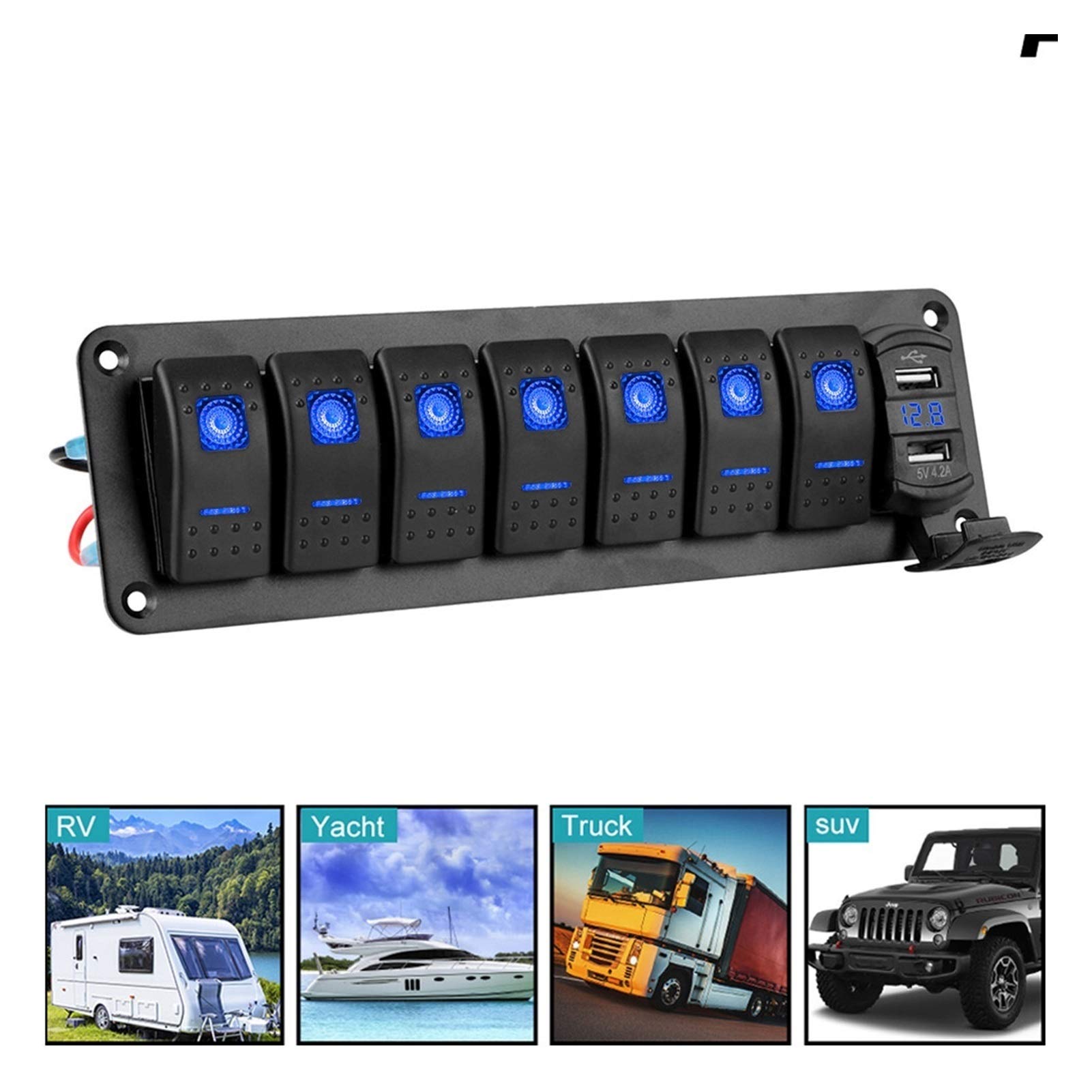 7-punktowy przełącznik kołyskowy Panel samochodowy morski wyłącznik obwodu podwójne ładowarki USB cyfrowy woltomierz, do prądu stałego 12 V 24 samochód RV SUV jacht