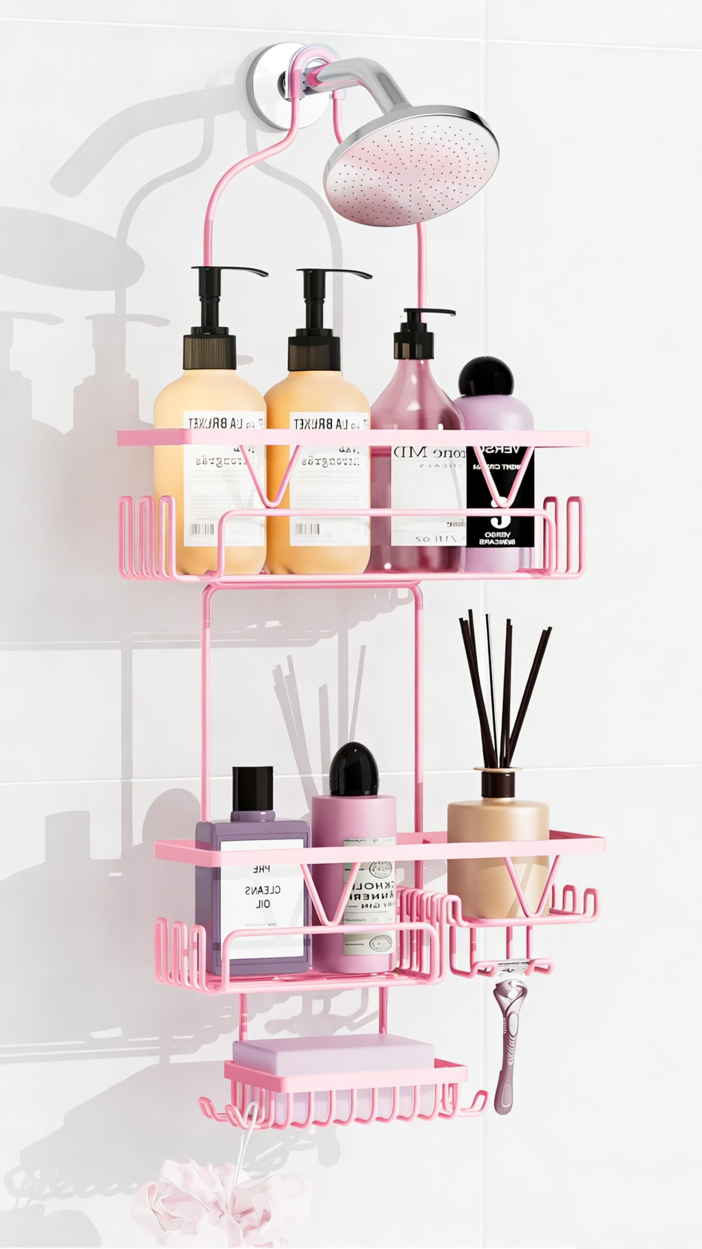 DAOYA Hanging Shower Caddy Over ShowerHead Anti-Swing Shower Organizer For Inside Shower With 2 Soap Holders Multi Hooks