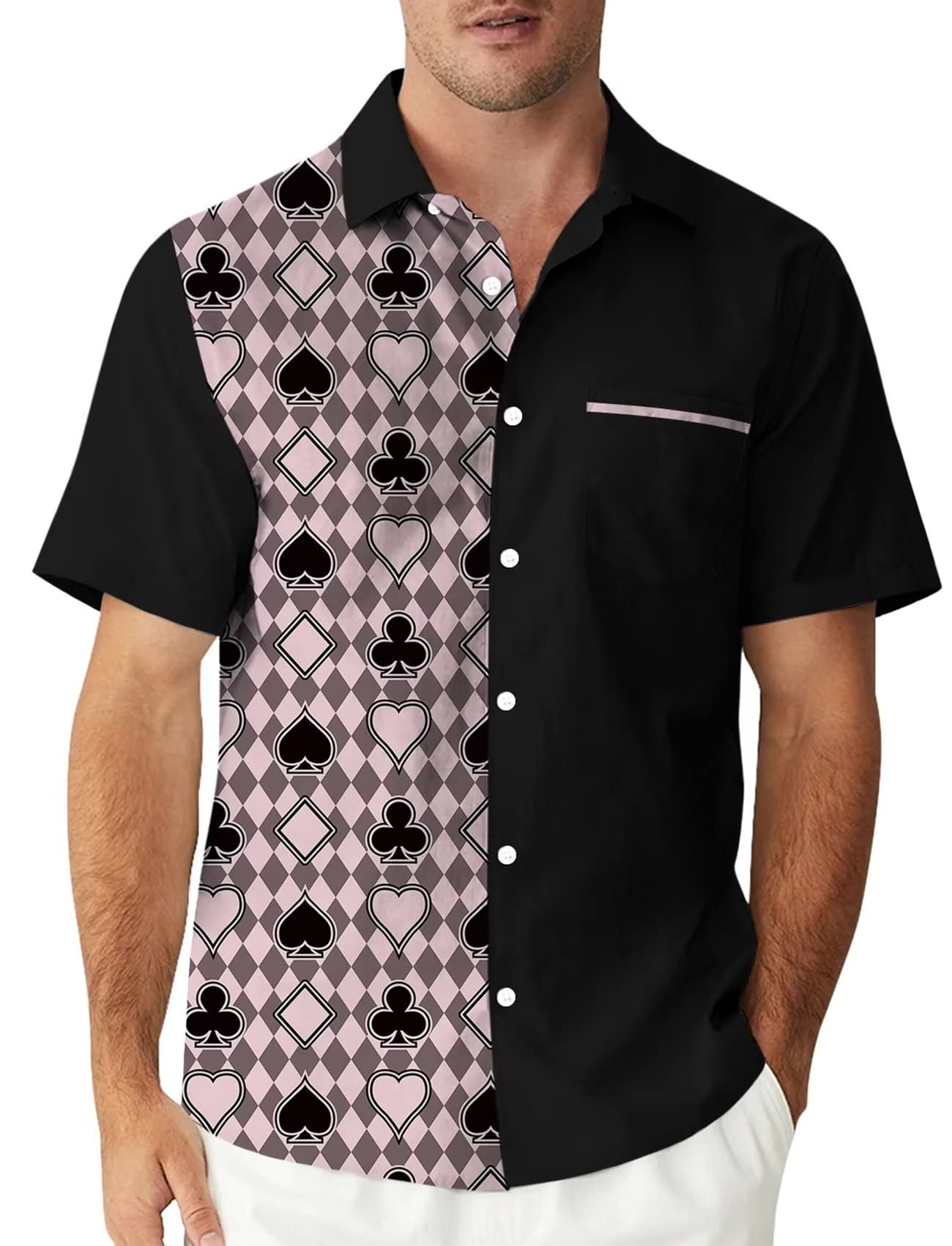 Lzzidou Men's Black And Pink Vintage Poker Bowling Shirt 1950S Retro Short Sleeve Button Down Hawaiian Shirts, 3XL