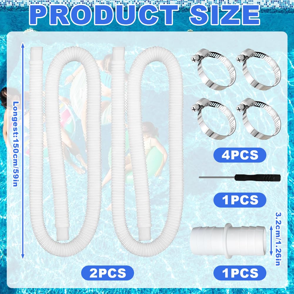 Manguera Piscina 32mm, 2 Piezas Mangueras de Piscina de 32 mm con 4 Clips de Seguridad y 1 Conector de Manguera, 150 cm Manguera de Piscina 32mm, Tubo Piscina para Bomba de Filtro