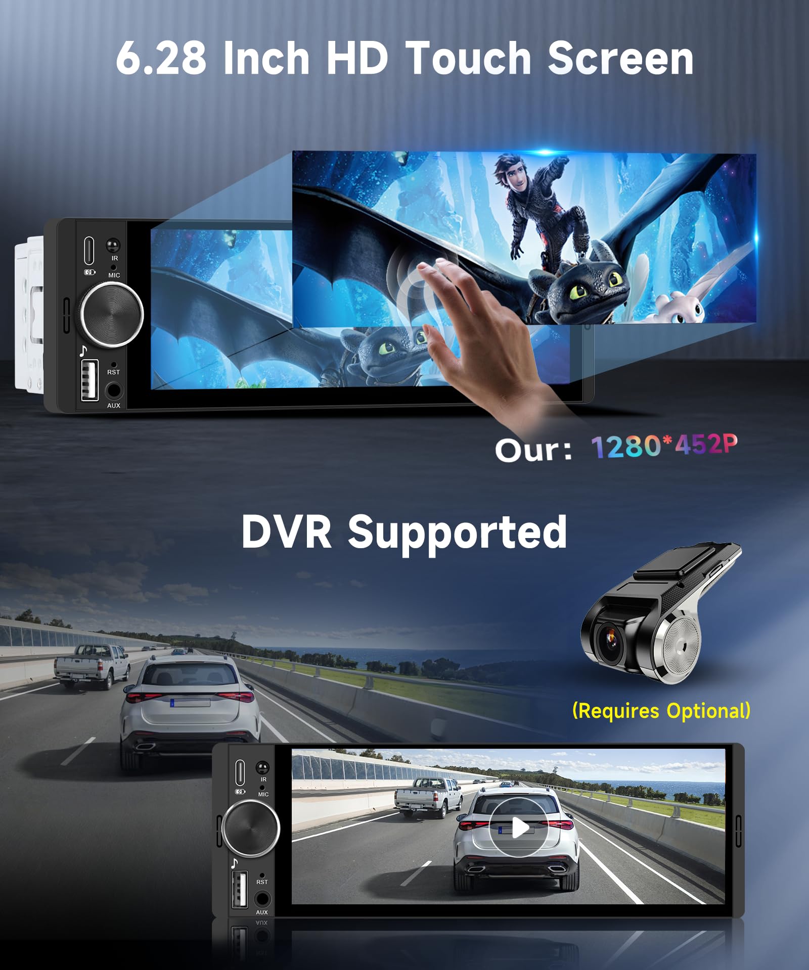 VECHTEL Autoradio 1 Din avec Carplay Android Auto sans Fil, 6.28 Pouces Incell HD Écran Tactile Poste Radio Voiture Soutien Bluetooth 5.2 Radio FM EQ USB/Type-C/AUX Mirror Link SWC Caméra de Recul