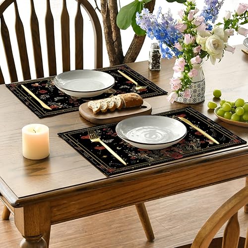 Miniatura 3 de Artoid Mode Juego de 4 manteles individuales de luna y polilla de amapola negra, 12 x 18 pulgadas, manteles individuales florales de primavera para