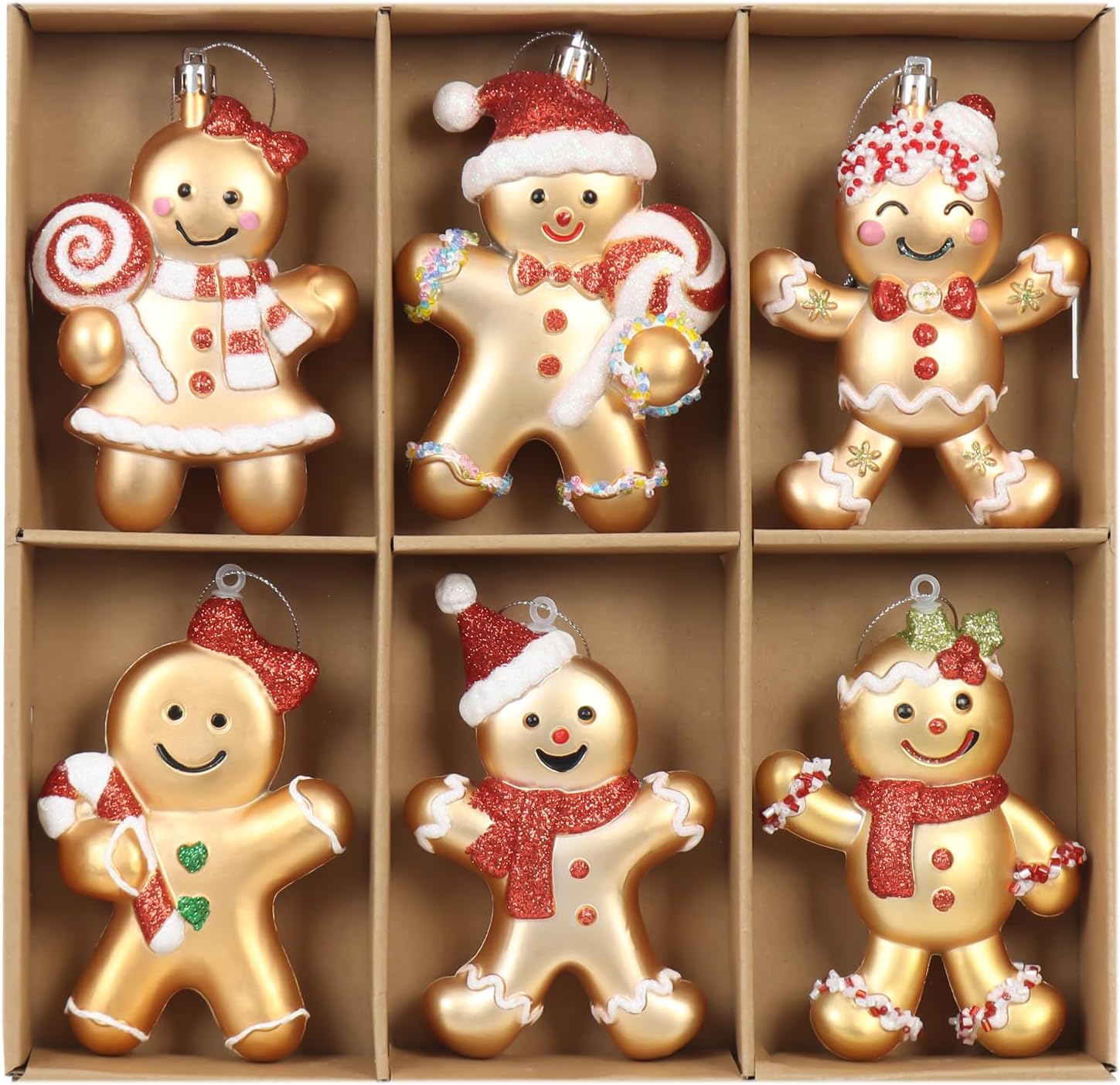 Red and Gold Gingerbread Man Christmas Ornaments, 6Ct Shatterproof Gingerbread Christmas Decorations for Tree, Assorted Hanging Ornaments Xmas Holiday Party Decor (red)