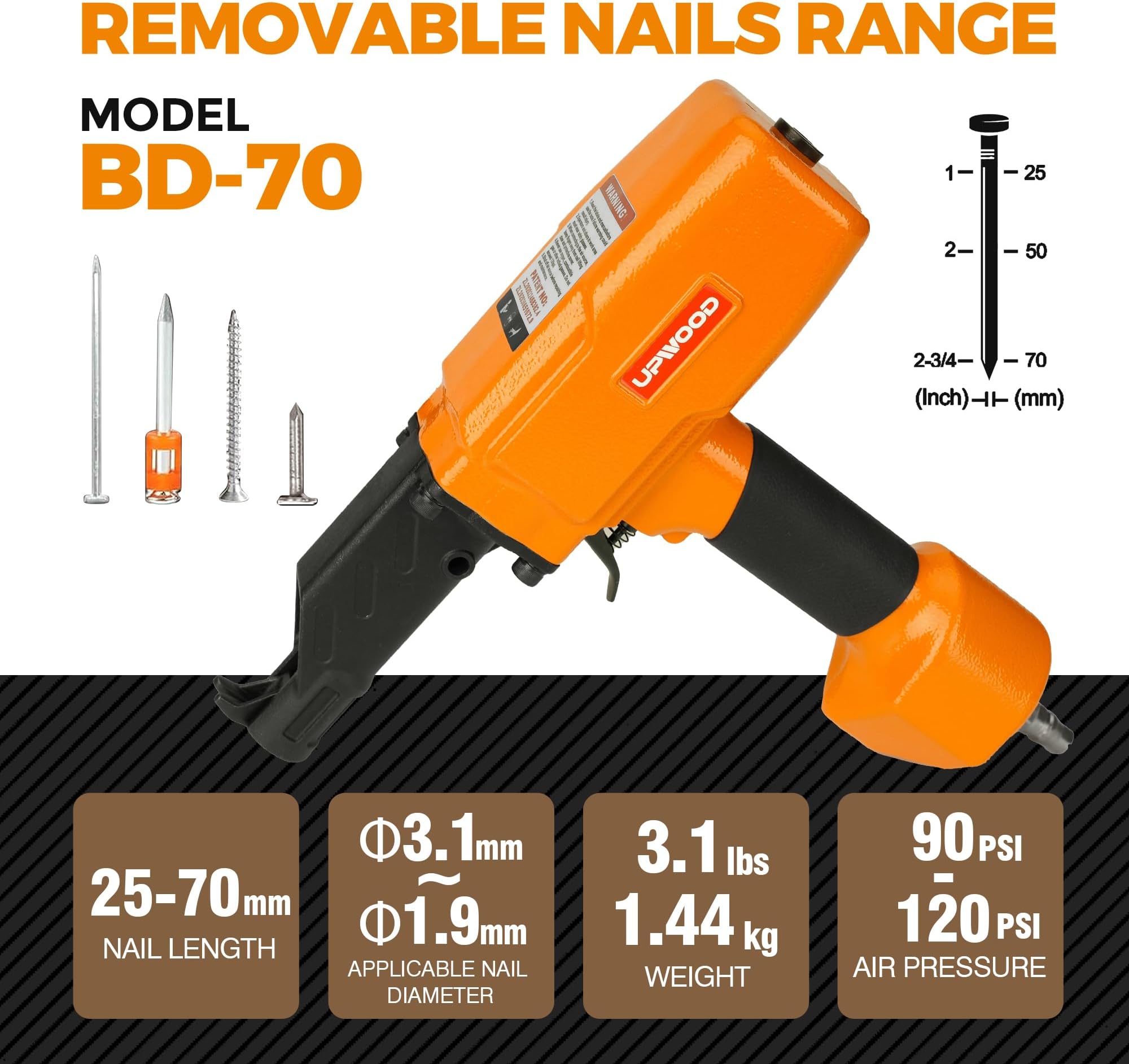 UPWOOD Professional Pneumatic Nail Puller BD70, Nail Pulling Gun, Nail Removal, Pneumatic Denailer Tool for Recycled Wood Fence Pallet (Ideal for Soft or Medium-Hard Woods)