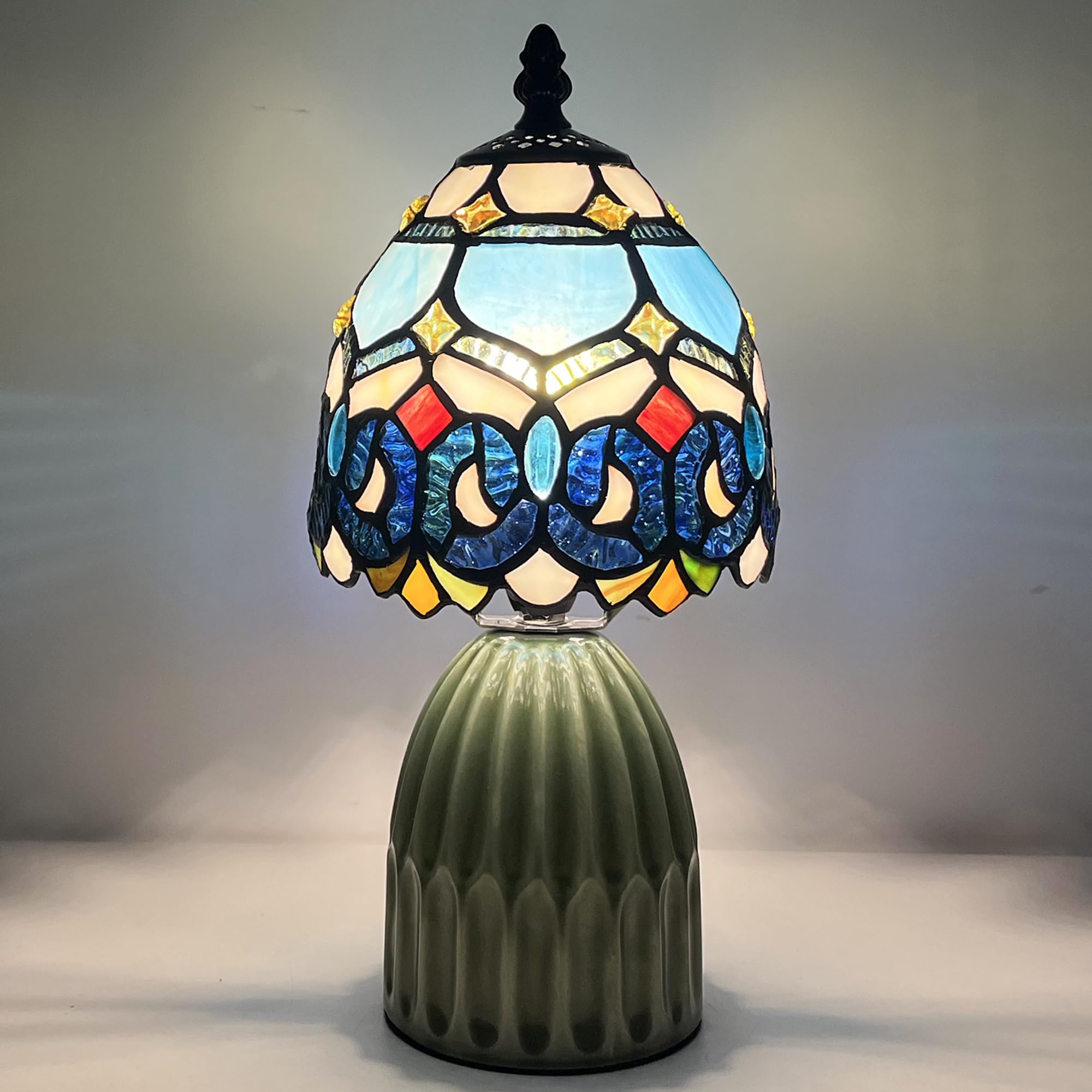 MQYXH Tiffany Stained Glass Mushroom Table Lamp 12.5 Inch -Blue Jewelry | Tiffany Lamp,6X6X12.5 Inch,Small Night Light,Ceramic Base, Mini Accent Light