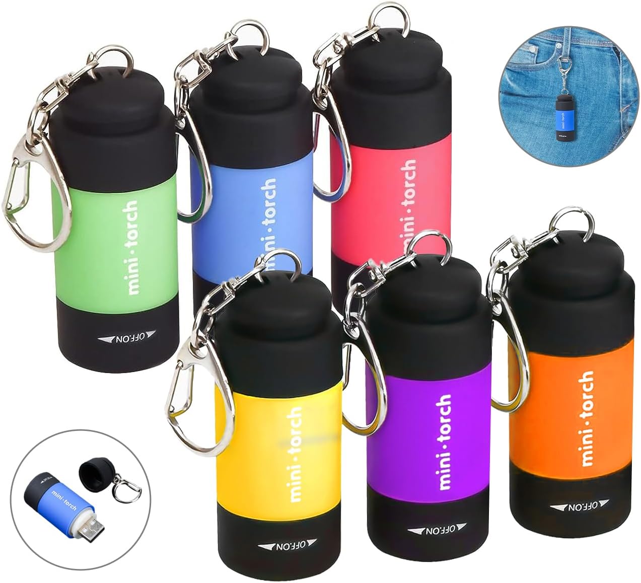 6-Pack Small Keychain Flashlights, LED Pocket Keychain Light with White Light, Waterproof USB Rechargeable Mini Flashlights in Bulk for Kids and Adults Emergency, Camping, Night Reading