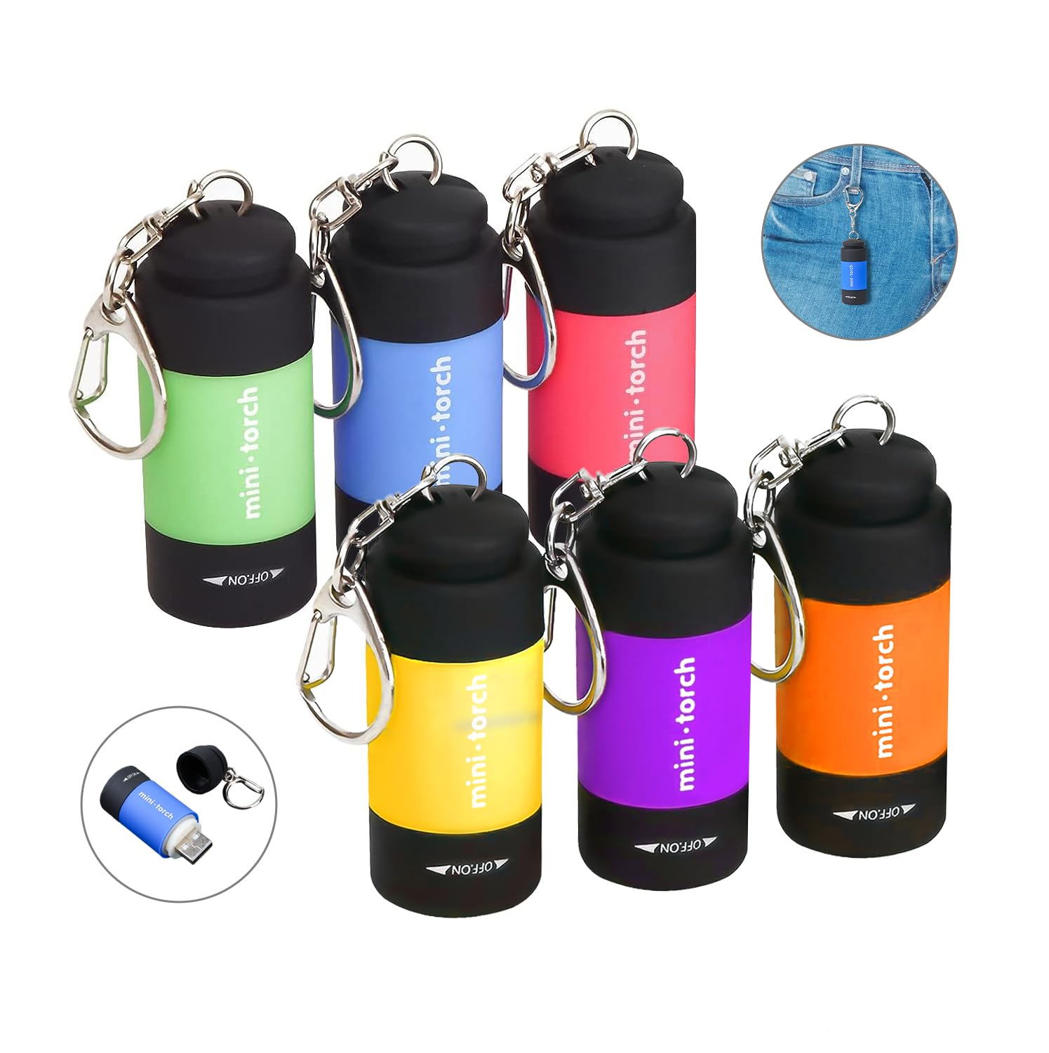 6-Pack Small Keychain Flashlights, LED Pocket Keychain Light with White Light, Waterproof USB Rechargeable Mini Flashlights in Bulk for Kids and Adults Emergency, Camping, Night Reading