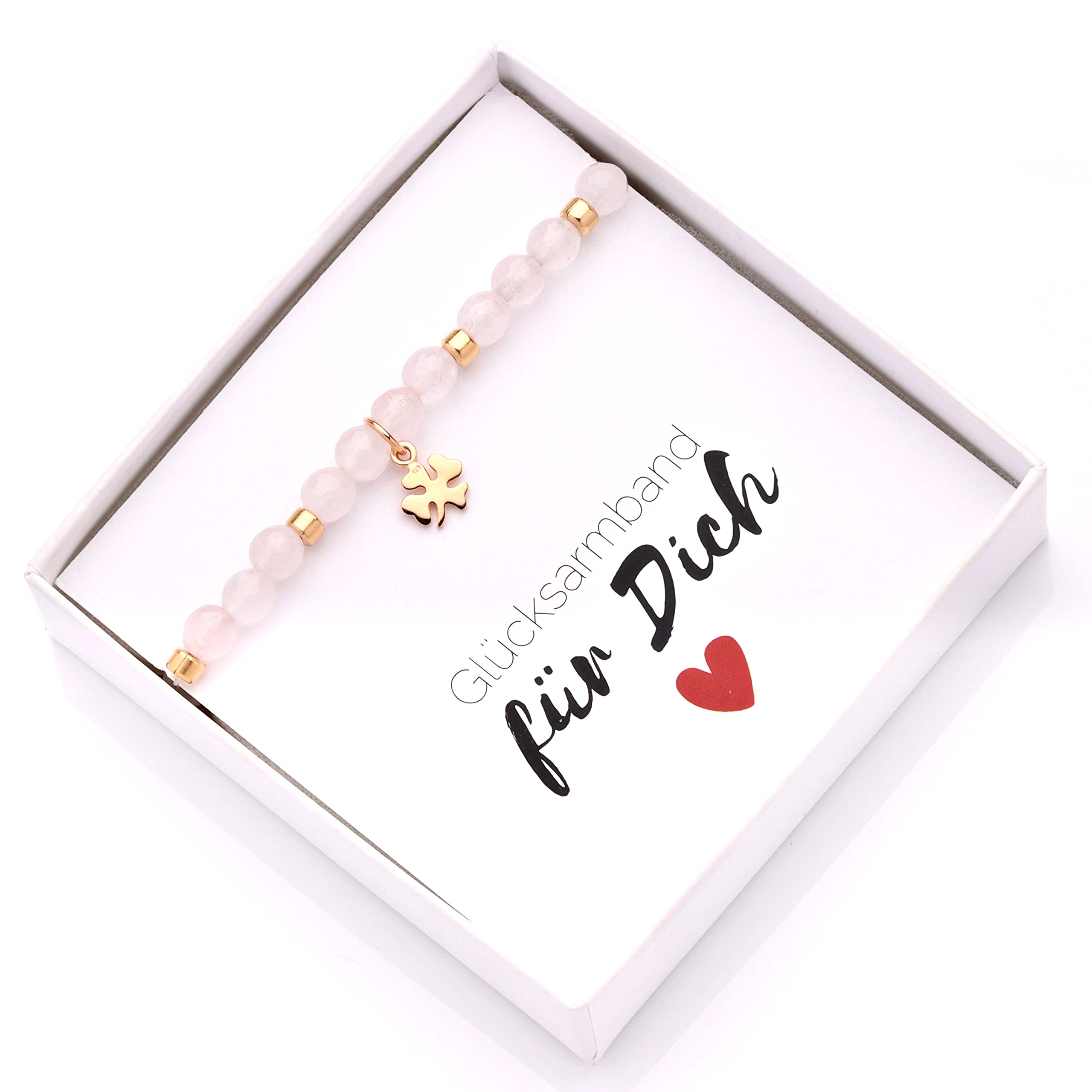 KARYSMA Glücksarmband Damen aus echtem Rosenquarz mit Kleeblatt, Glücksbringer-Geschenk, Talisman, Silber, Gold- oder Rosègold plattiert (Rosenquarz)