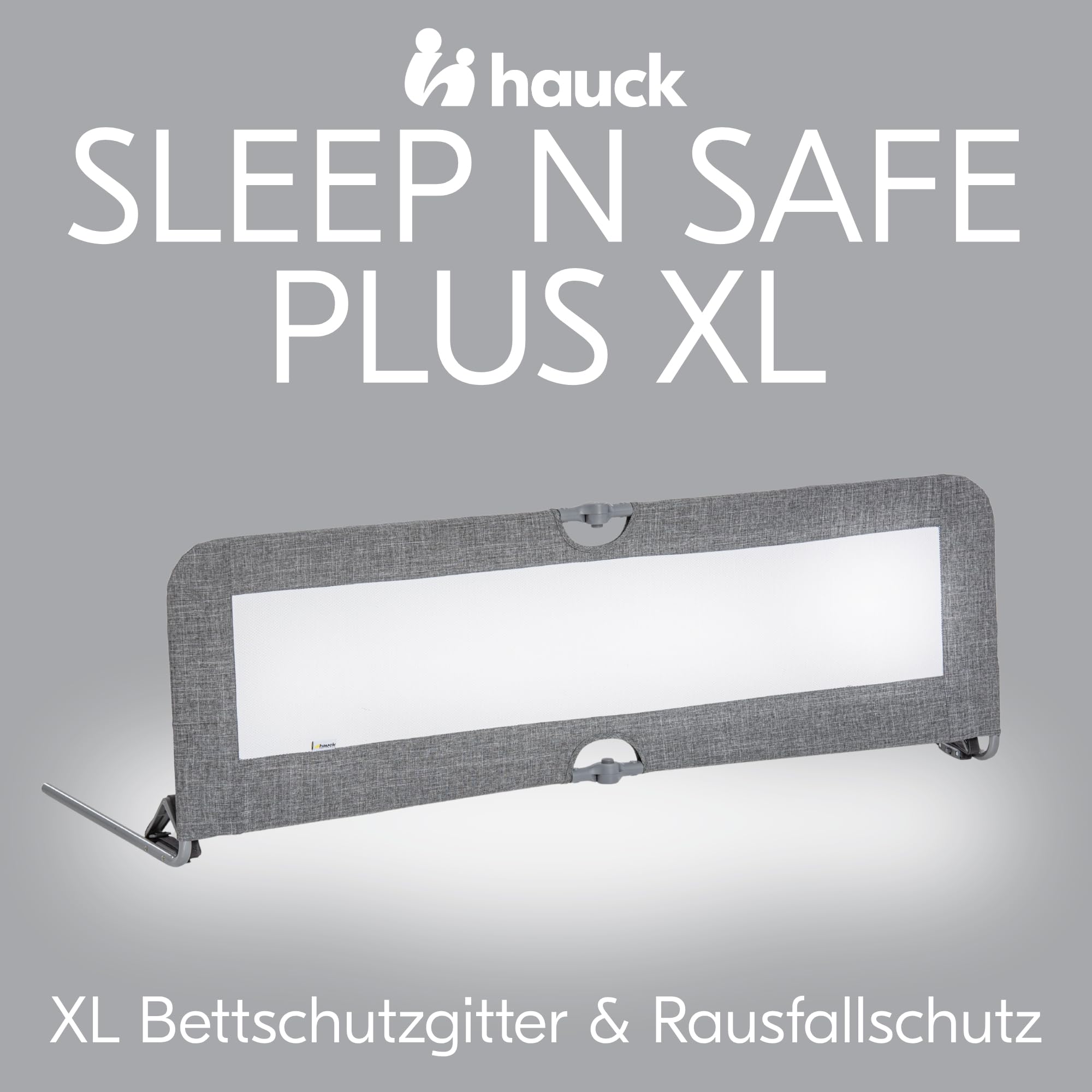 hauck Bettschuztgitter Sleep N Safe Plus XL für Kinder 18 Monate bis 5 Jahre, Großer Rausfallschutz Bett für Elternbett 150 x 50 x 44 cm, Faltbar, Tragbar, Bettgitter für Kleinkinder (Melange Grey) | Bettgitter für Betten mit abnehmbarer Matratze, Bettenl