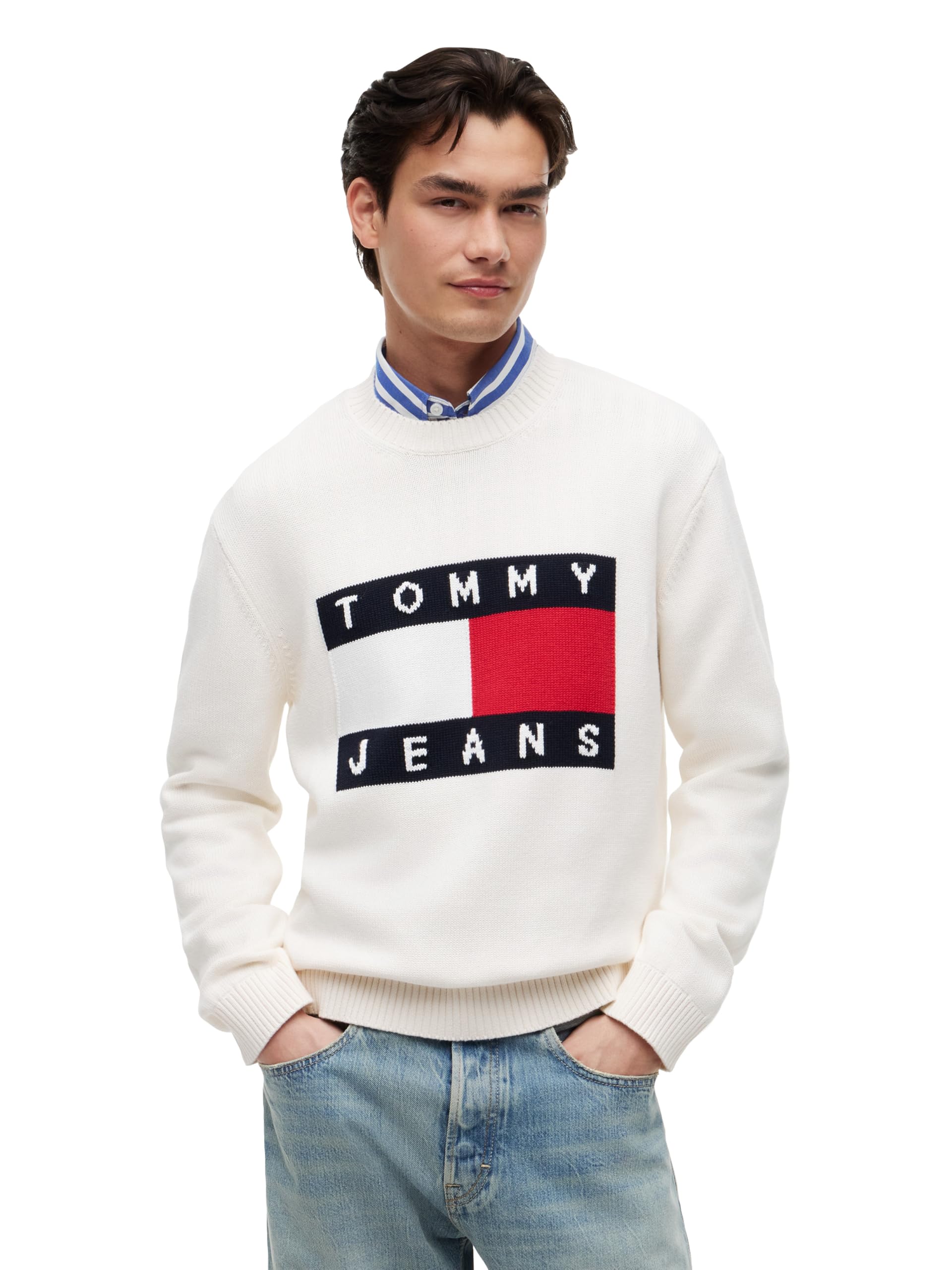 Men's Long Sleeve Pullover Crewneck Sweater with Flag Logo
