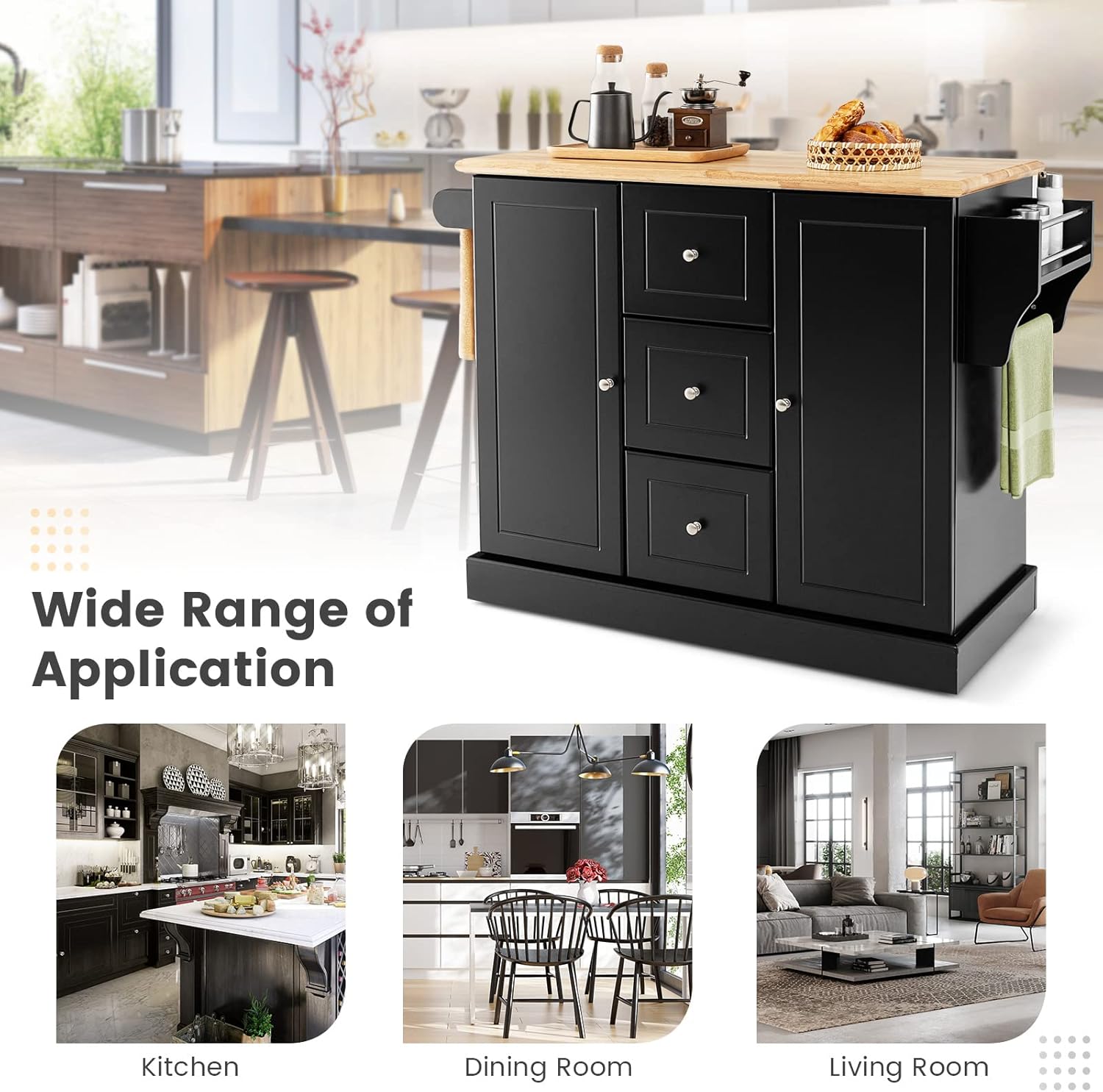 TANGZON Large Kitchen Island on Wheels, Rolling Storage Trolley with 2 Cabinets, 3 Drawers, Adjustable Shelves, Rubber Wood Worktop, Spice & Towel Rack, Utility Serving Cart for Dining Room (Black)