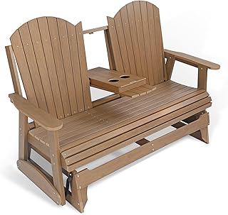Poly Lumber Patio Glider with Foldable Cup Holders, Durable HIPS Material, All-Weather Resistant, High Backrest and Contoured Seat, Heavy Duty 900 LB, for Outdoor, Porch, Patio (Brown, 3-Seat)